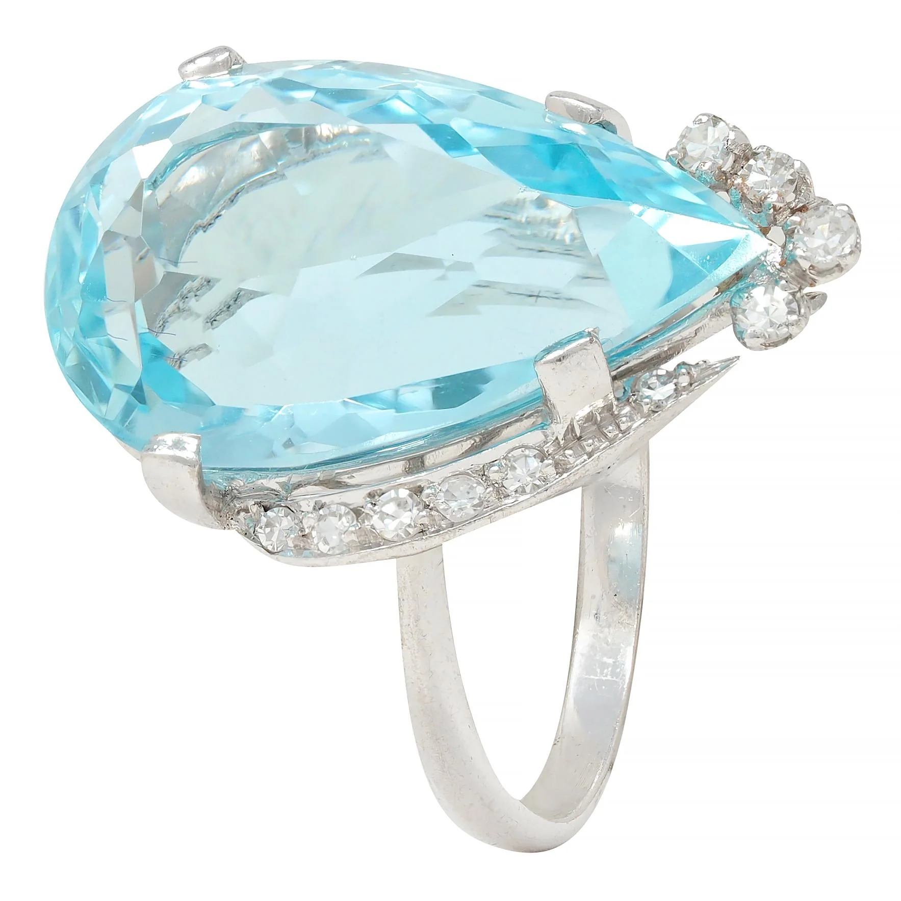 Mid-Century 12.00 CTW Pear Cut Aquamarine Diamond 18 Karat White Gold Vintage Cocktail Ring - Image 7
