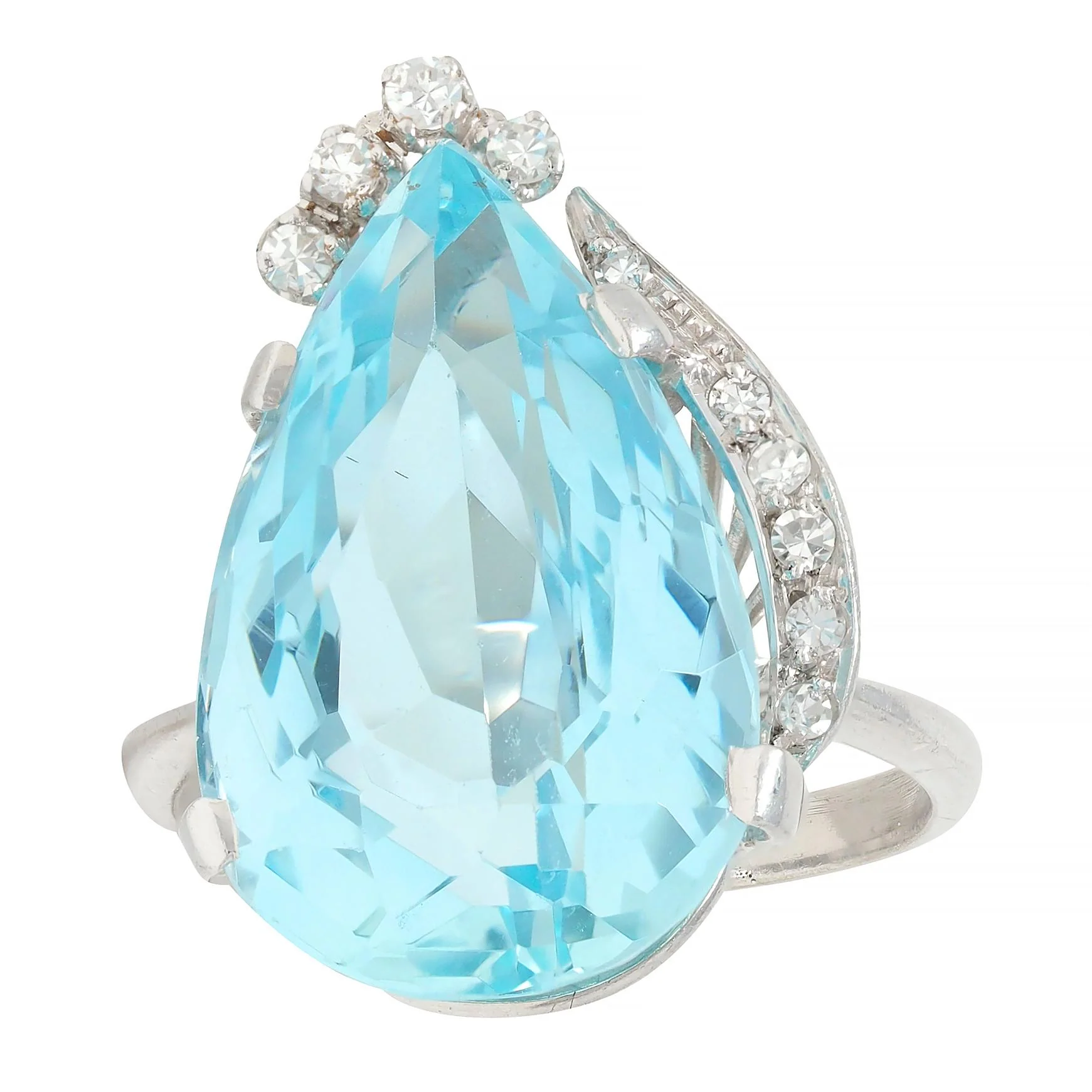 Mid-Century 12.00 CTW Pear Cut Aquamarine Diamond 18 Karat White Gold Vintage Cocktail Ring - Image 8
