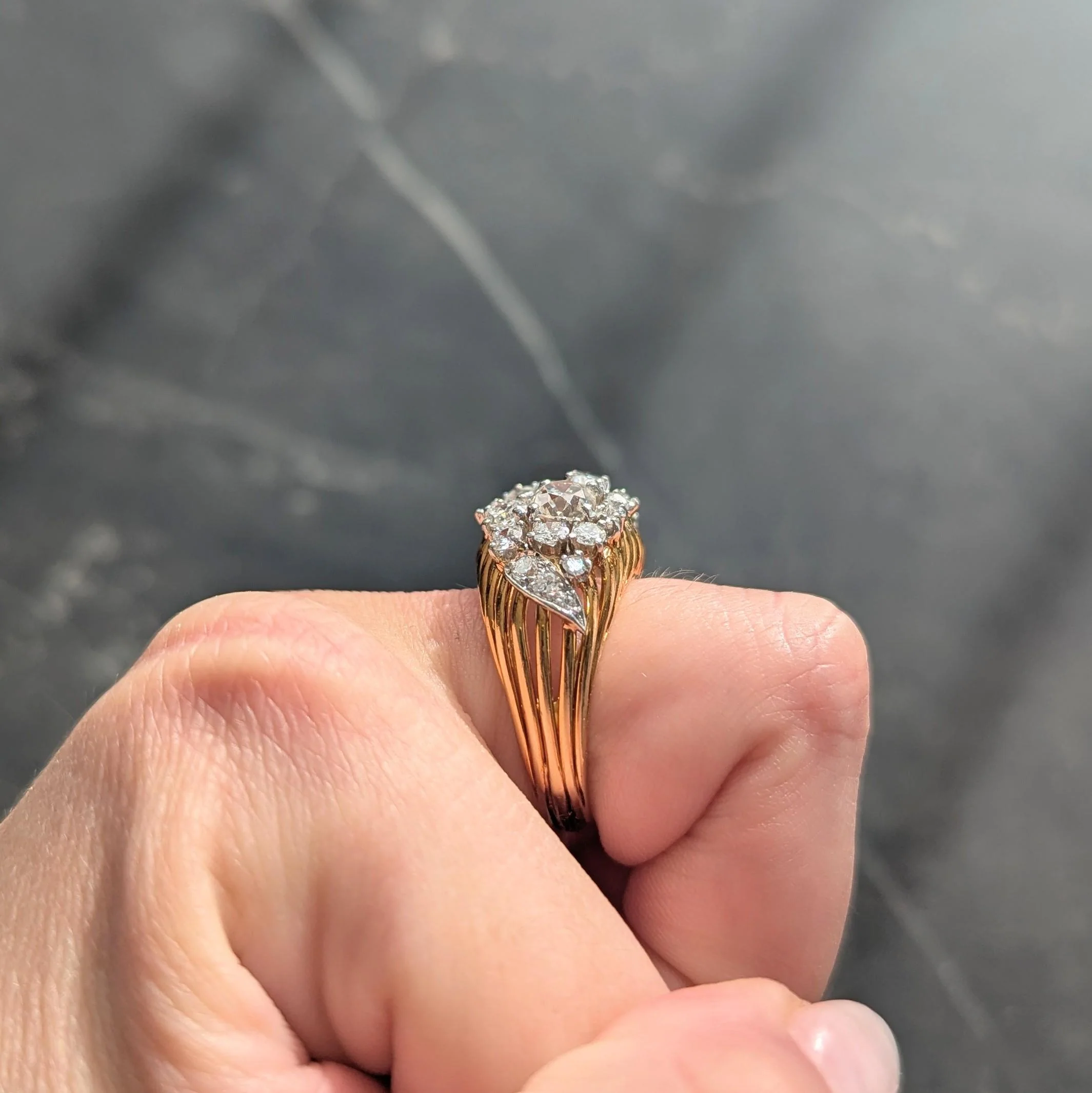 Mid-Century 2.34 CTW Diamond Platinum 18 Karat Yellow Gold Vintage Wire Spray Cluster Ring - Image 9