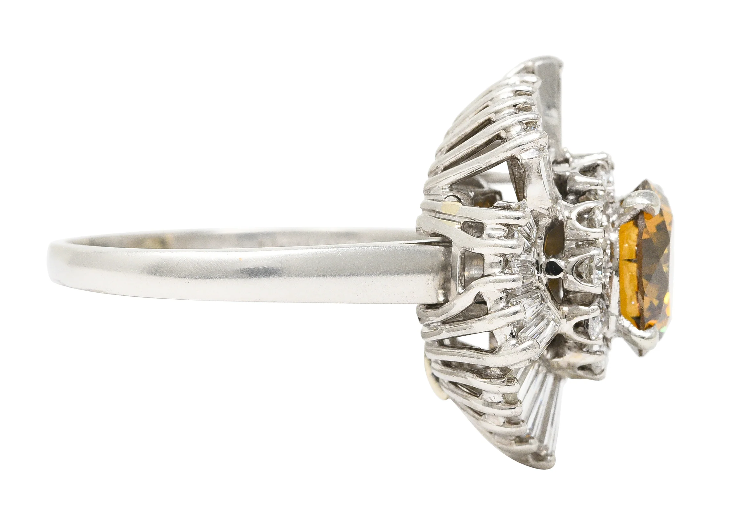 Mid-Century 4.08 CTW Fancy Yellowish Brown Diamond Platinum Ballerina Halo Vintage Convertible Pendant Ring - Image 4