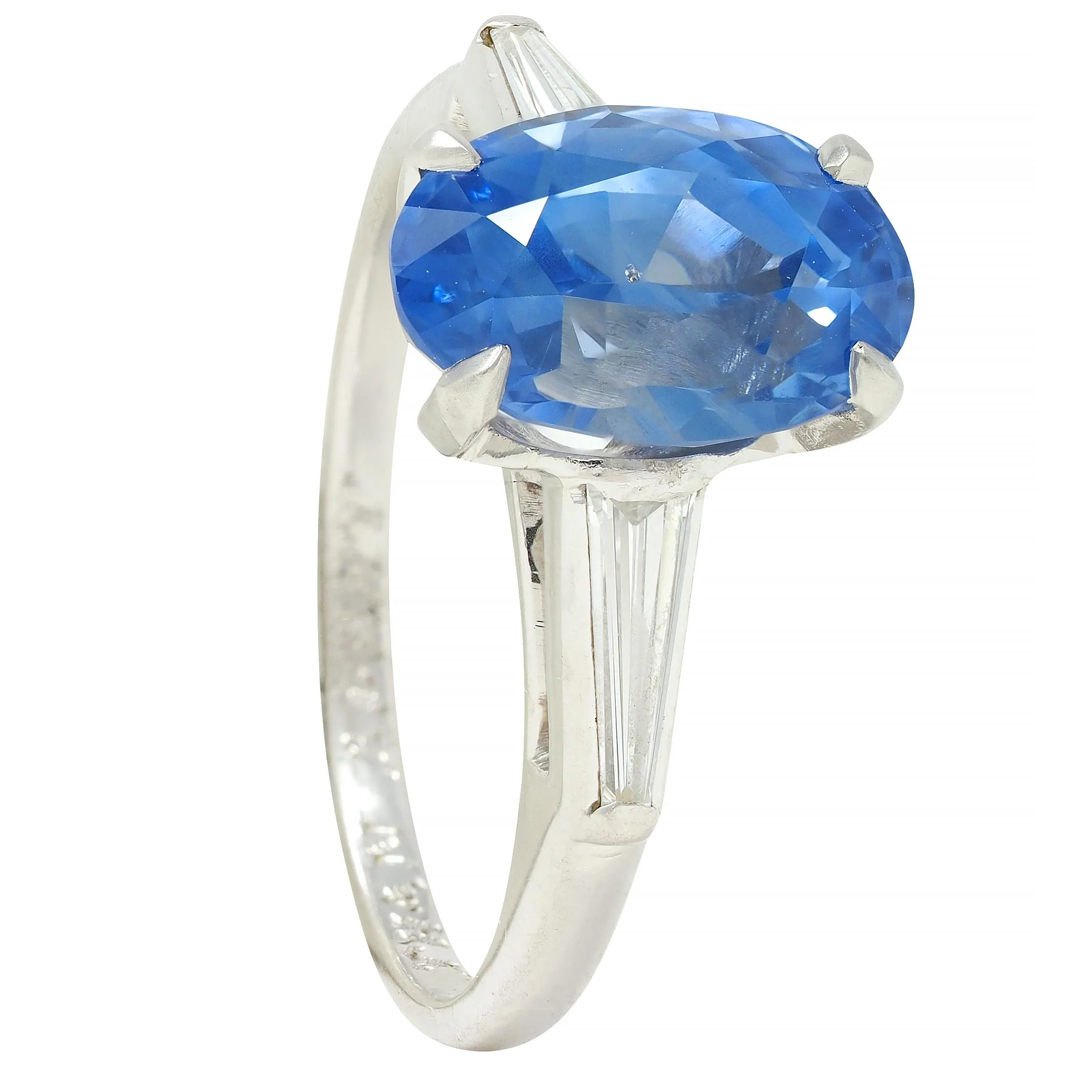Mid-Century 4.29 CTW No Heat Ceylon Sapphire Diamond Platinum Vintage Three Stone Ring GIA - Image 11