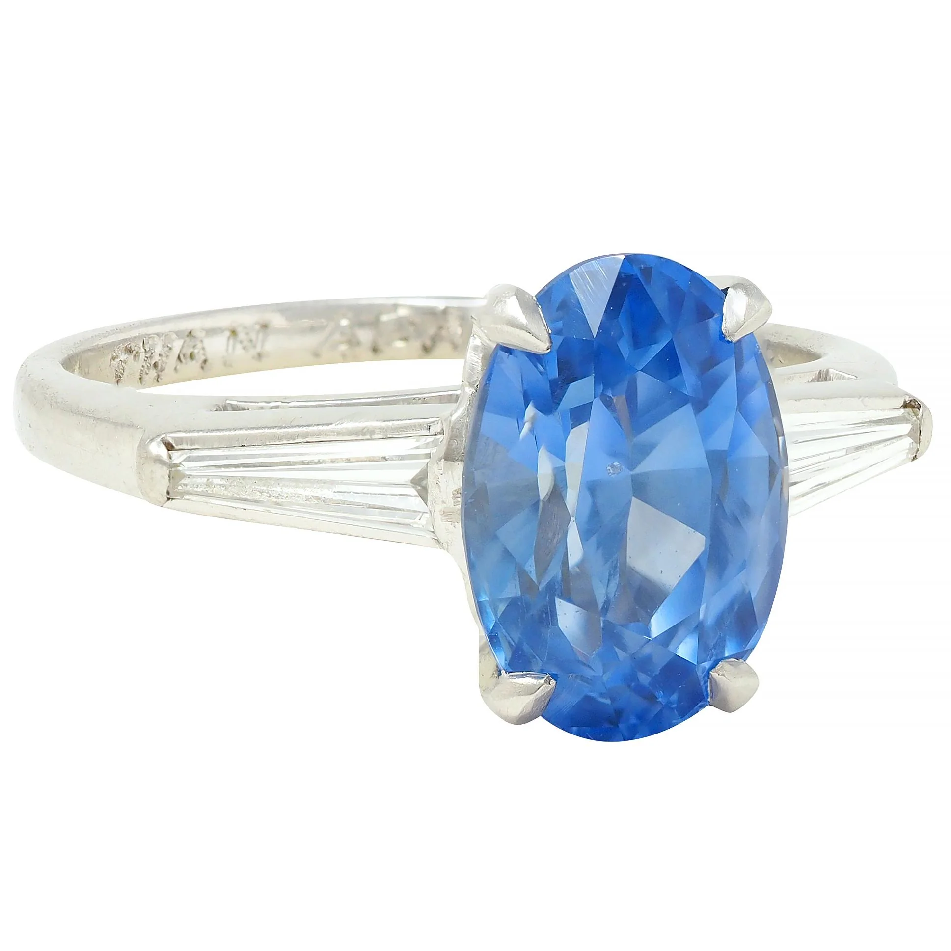 Mid-Century 4.29 CTW No Heat Ceylon Sapphire Diamond Platinum Vintage Three Stone Ring GIA - Image 3