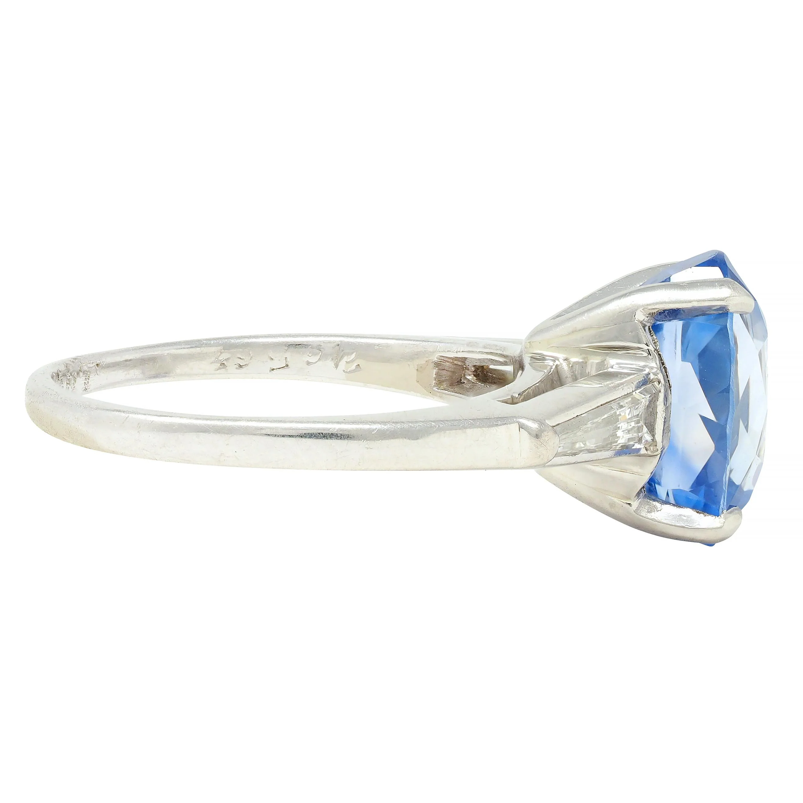 Mid-Century 4.29 CTW No Heat Ceylon Sapphire Diamond Platinum Vintage Three Stone Ring GIA - Image 4