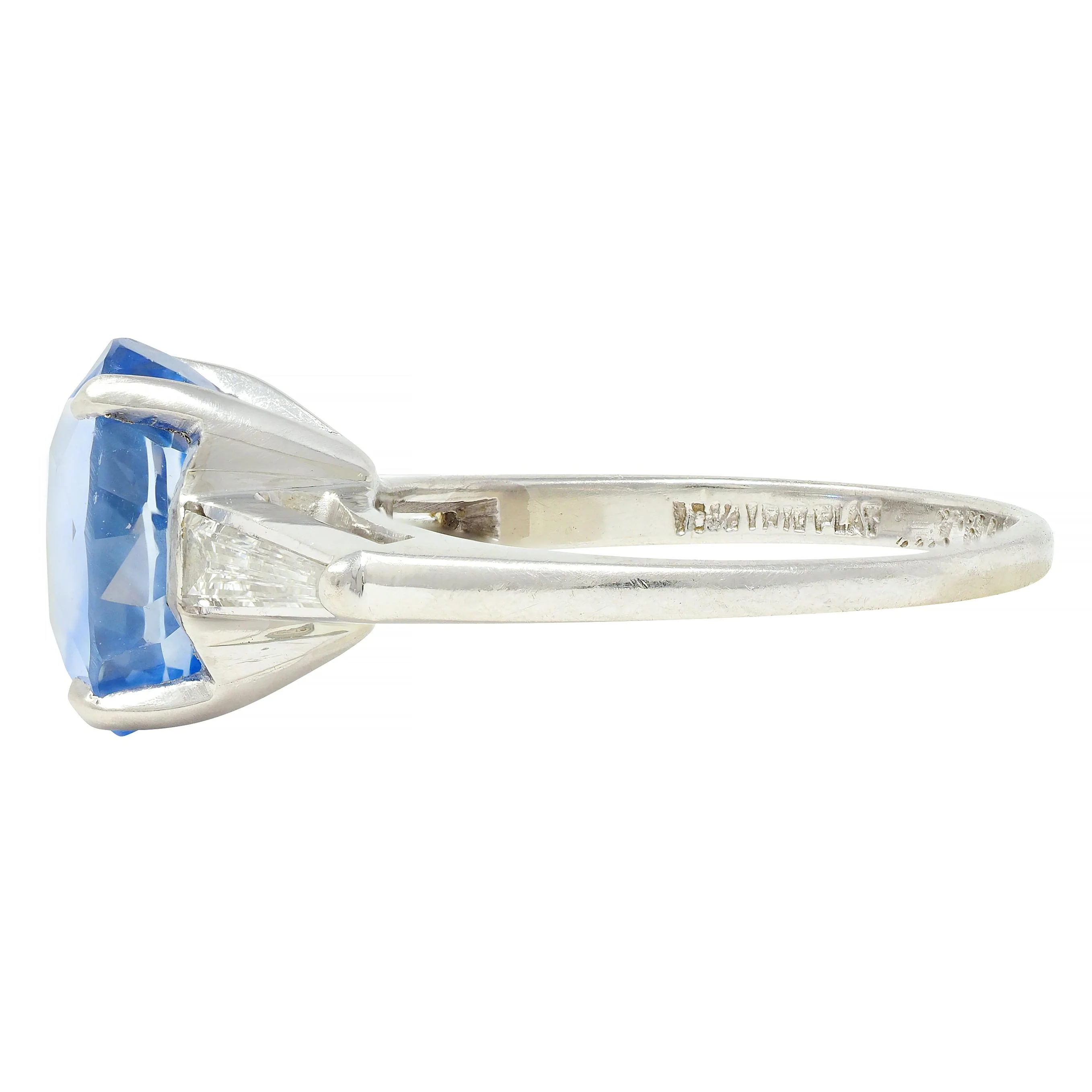 Mid-Century 4.29 CTW No Heat Ceylon Sapphire Diamond Platinum Vintage Three Stone Ring GIA - Image 6