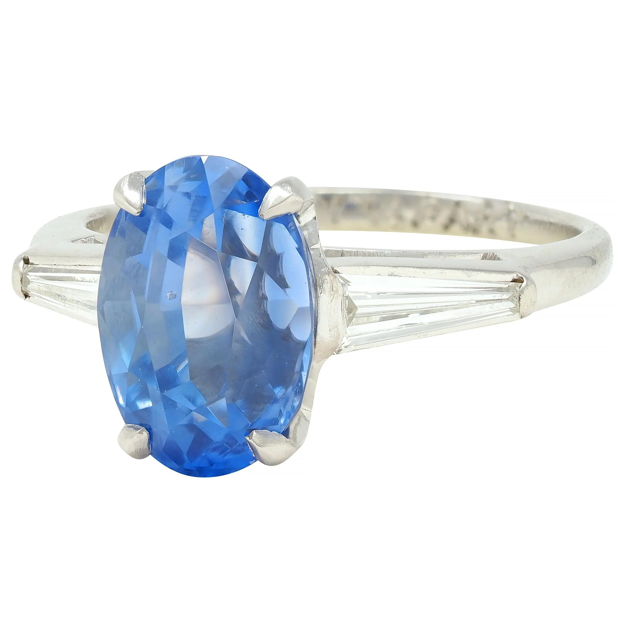 Mid-Century 4.29 CTW No Heat Ceylon Sapphire Diamond Platinum Vintage Three Stone Ring GIA - Image 7