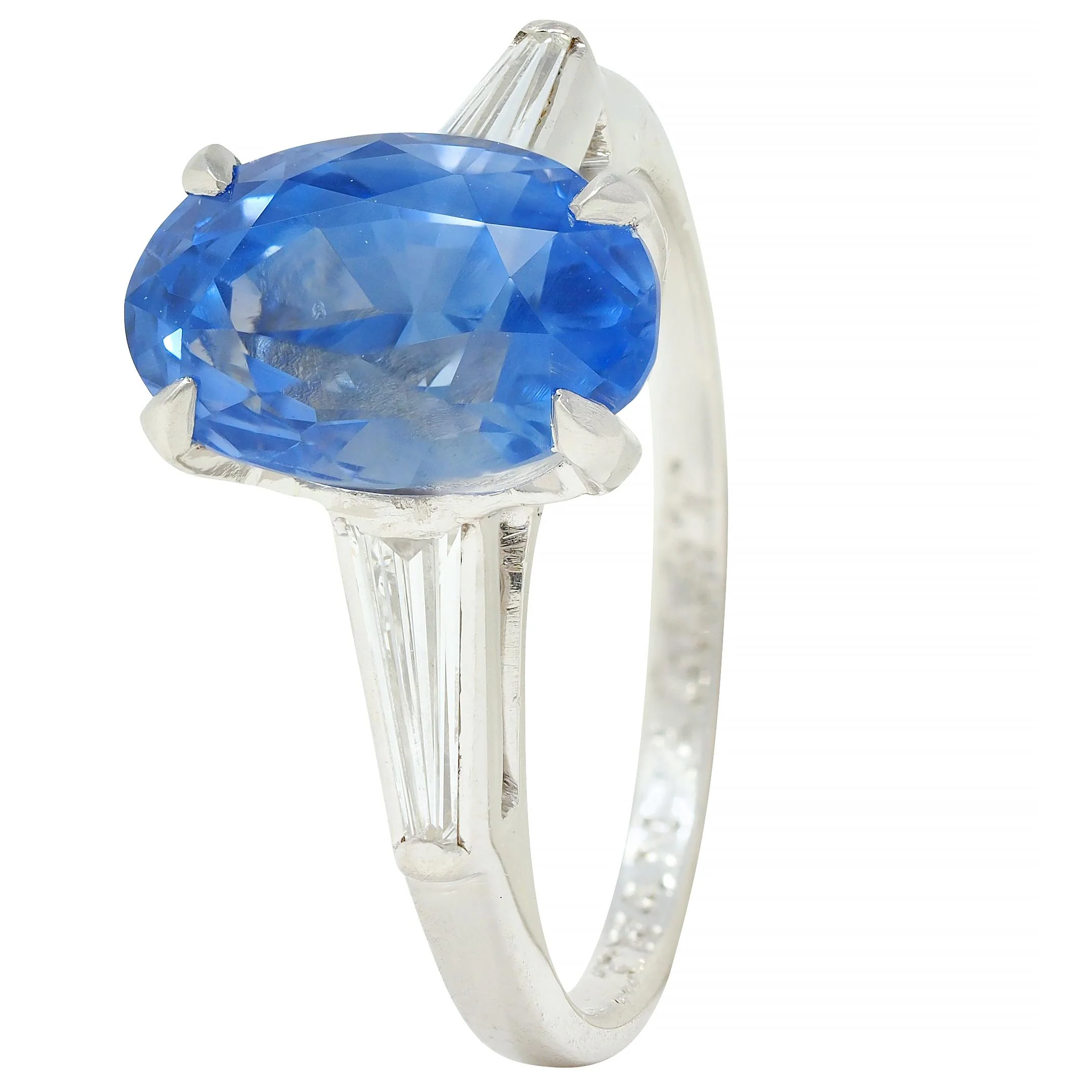 Mid-Century 4.29 CTW No Heat Ceylon Sapphire Diamond Platinum Vintage Three Stone Ring GIA - Image 8