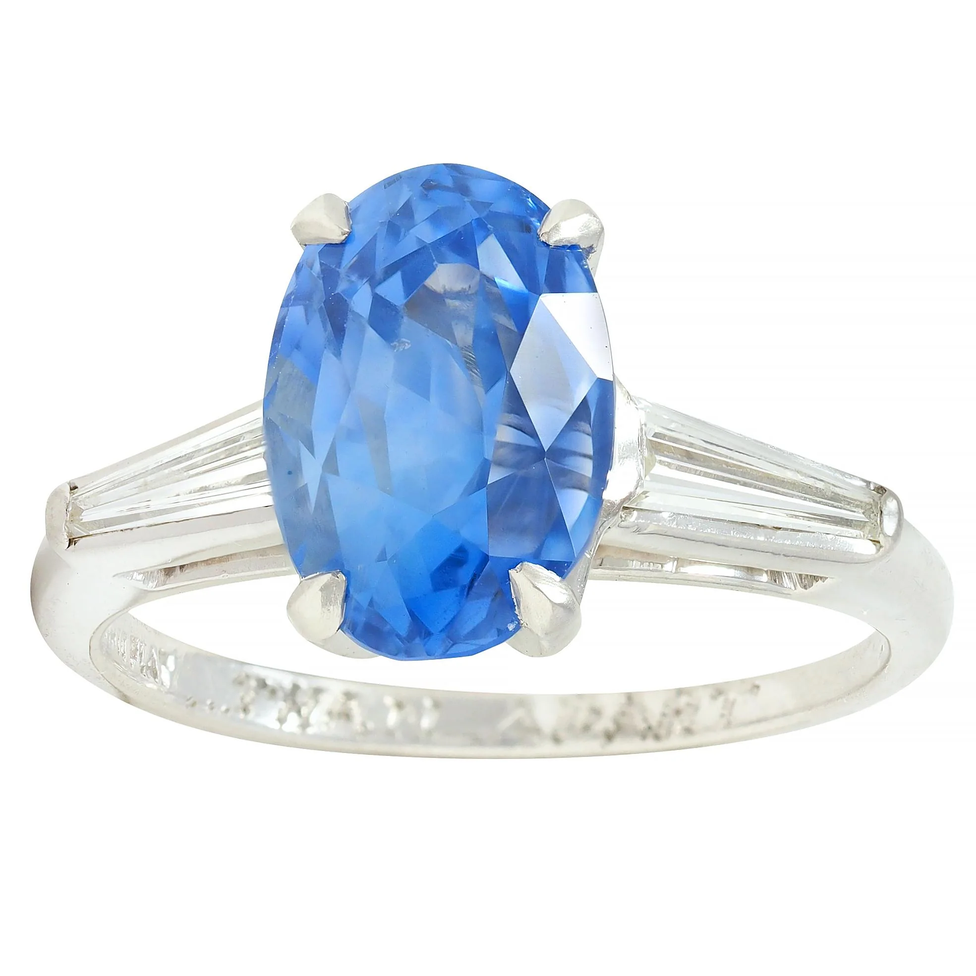 Mid-Century 4.29 CTW No Heat Ceylon Sapphire Diamond Platinum Vintage Three Stone Ring GIA - Image 9