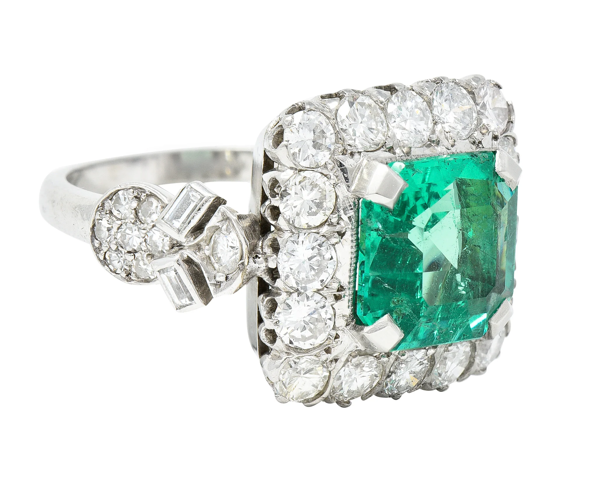 Mid-Century 5.73 CTW Colombian Emerald Transitional Cut Diamond Platinum Vintage Halo Ring GIA - Image 2