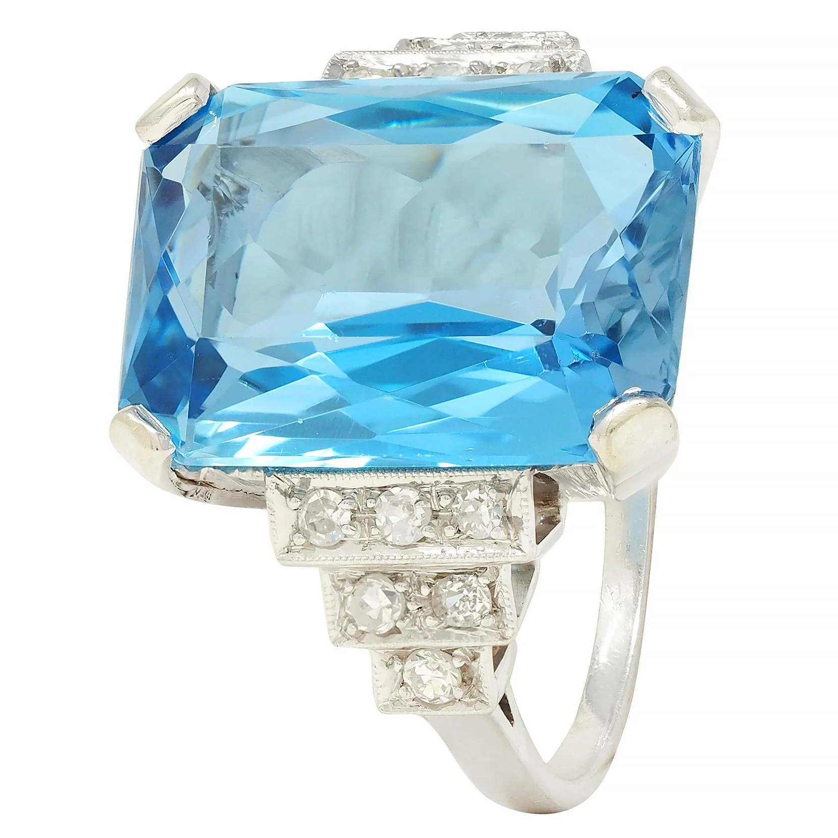Mid-Century 9.22 CTW Aquamarine Diamond Platinum 18 Karat Gold Vintage Stepped Cocktail Ring - Image 7