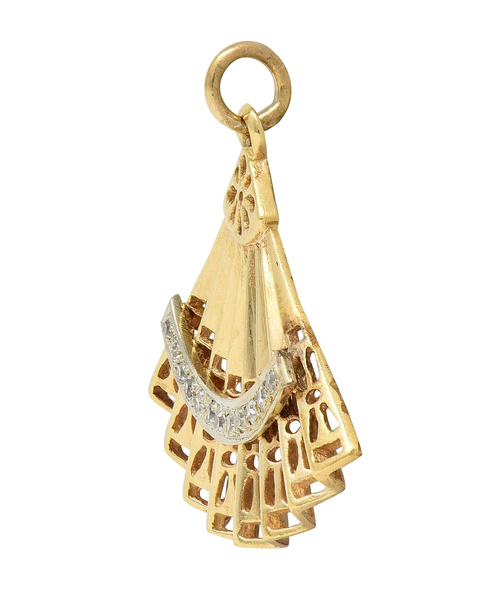 Mid-Century Diamond 14 Karat Two-Tone Gold Vintage Hand Fan Pendant - Image 2