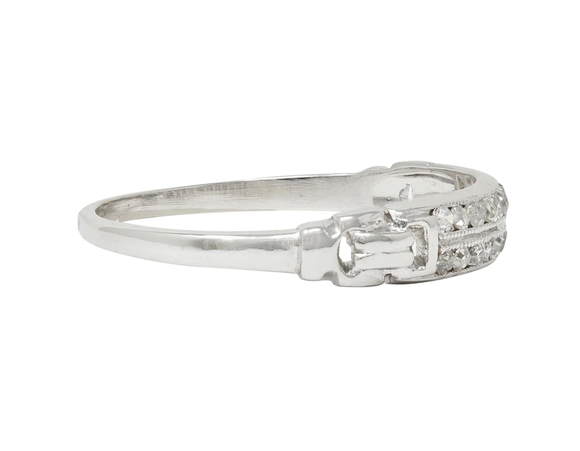 Mid-Century Diamond 18 Karat White Gold Double Row Vintage Buckle Band Ring - Image 3