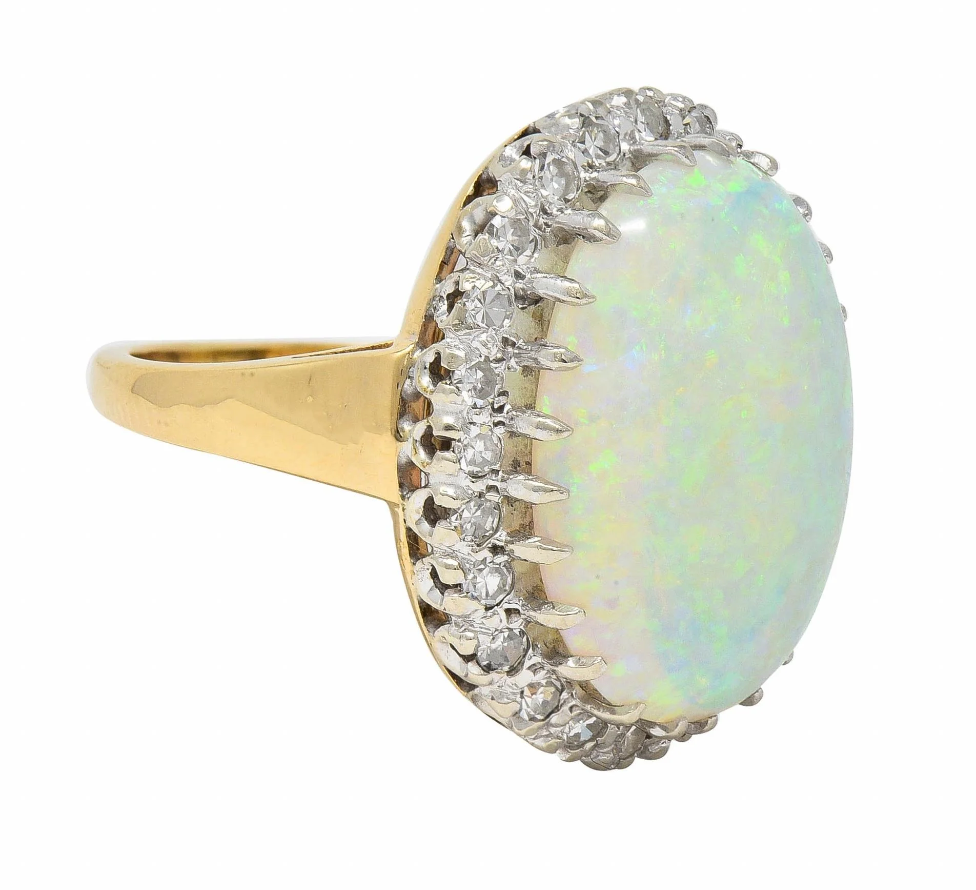 Mid-Century Diamond Opal Platinum 14 Karat Yellow Gold Vintage Halo Cluster Ring - Image 2