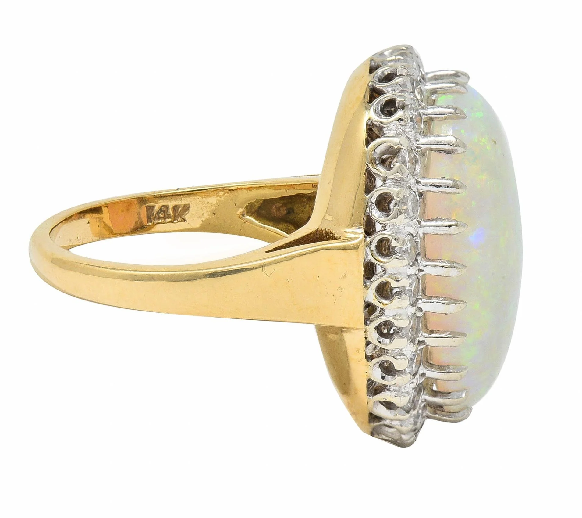 Mid-Century Diamond Opal Platinum 14 Karat Yellow Gold Vintage Halo Cluster Ring - Image 4