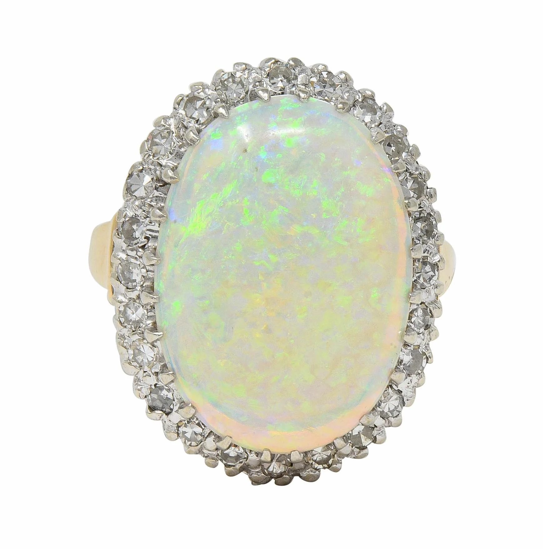 Mid-Century Diamond Opal Platinum 14 Karat Yellow Gold Vintage Halo Cluster Ring - Image 9