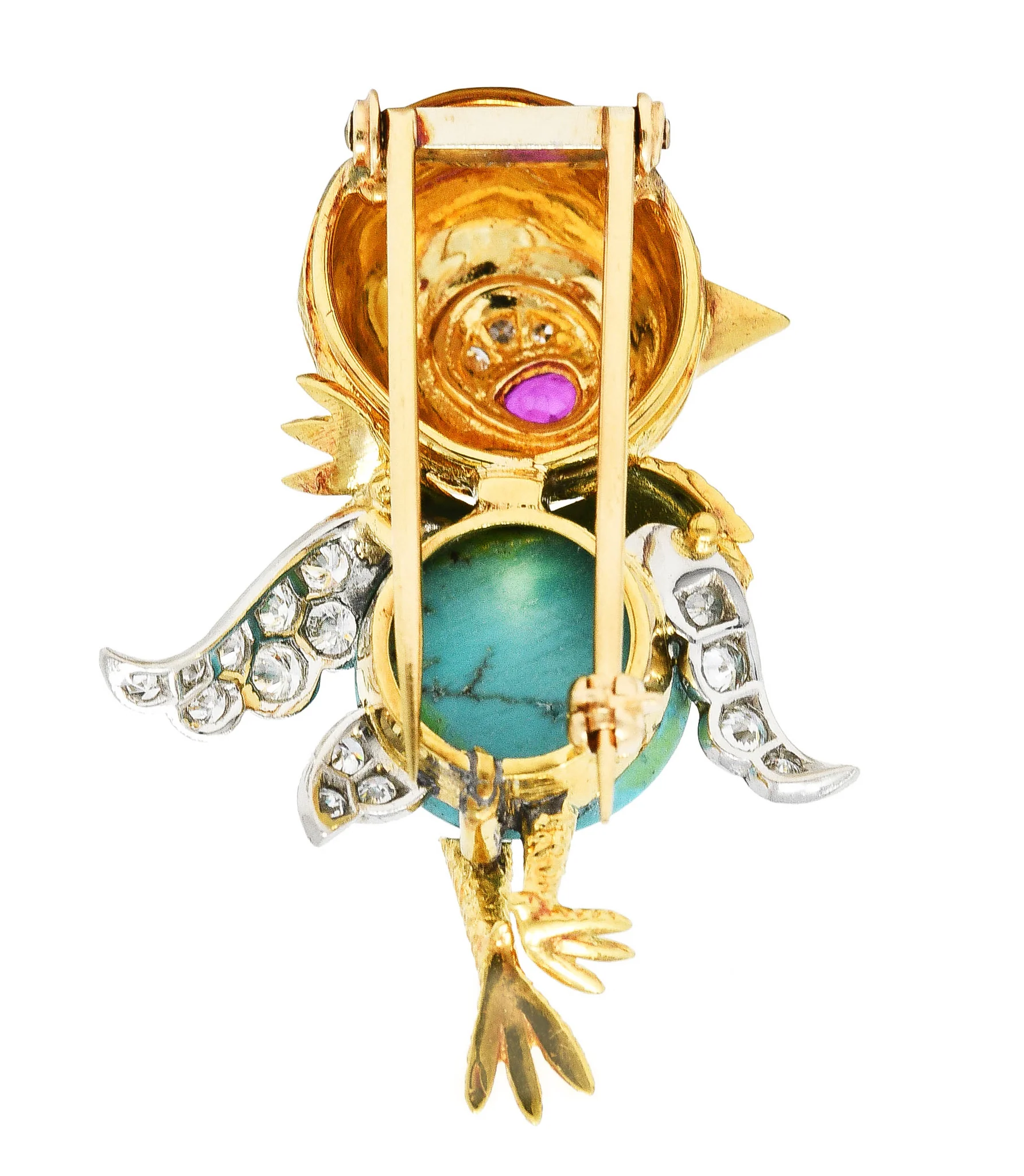 Mid-Century Diamond Ruby Turquoise Platinum 18 Karat Yellow Gold Cartoon Bird Vintage Brooch - Image 3