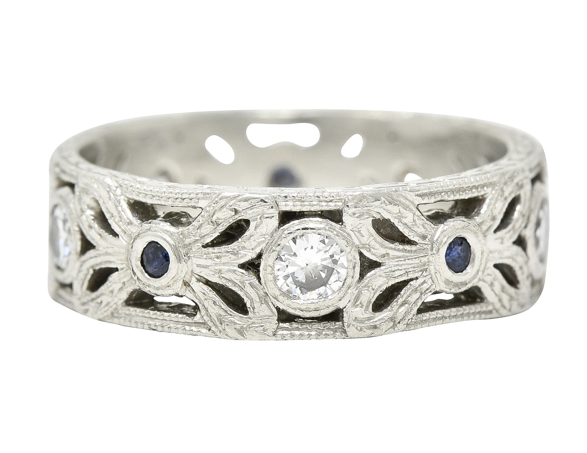 Mid-Century Diamond Sapphire Platinum Bow Wheat Band Ring - Image 6
