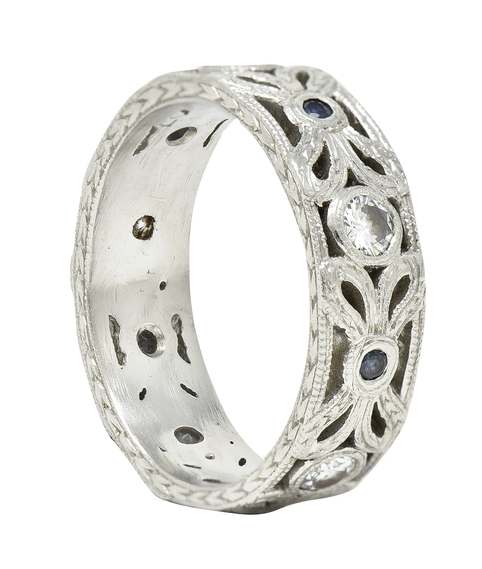 Mid-Century Diamond Sapphire Platinum Bow Wheat Band Ring - Image 8