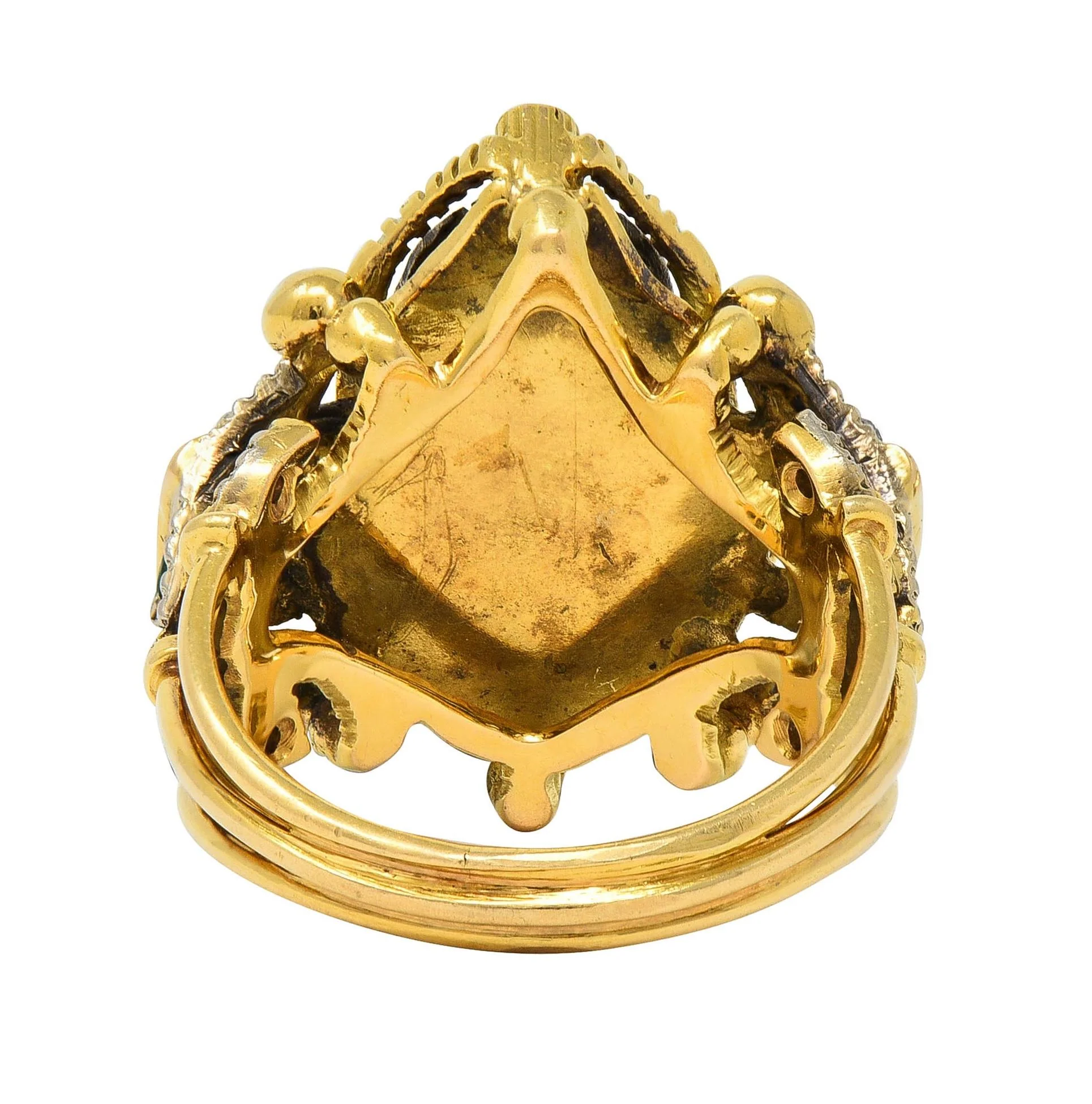Mid-Century Egyptian Revival 1.32 CTW Diamond Emerald Ruby 18 Karat Gold Scarab Ring - Image 4