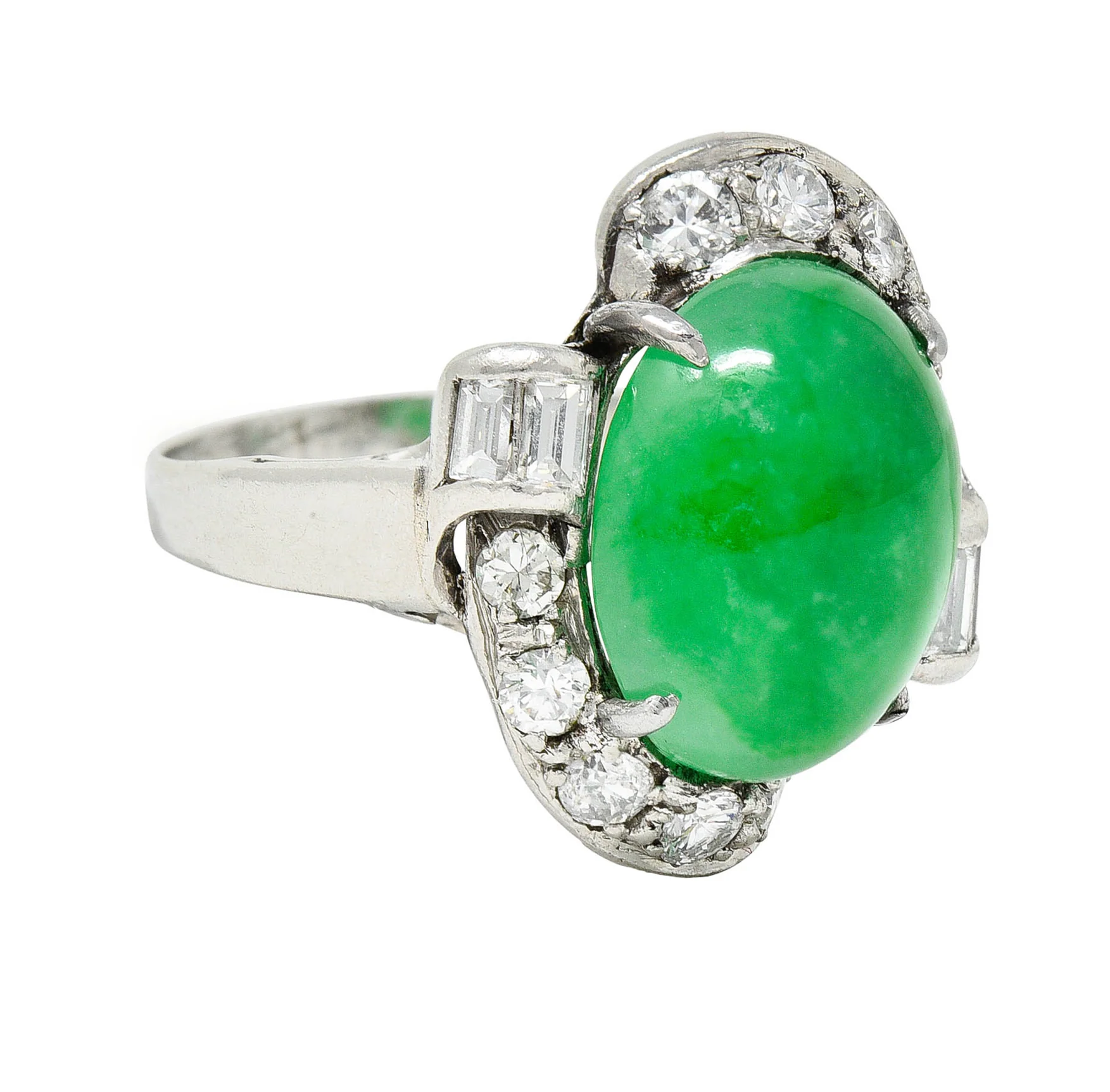 Mid-Century Jadeite Jade Diamond Platinum Bypass Ring GIA - Image 2