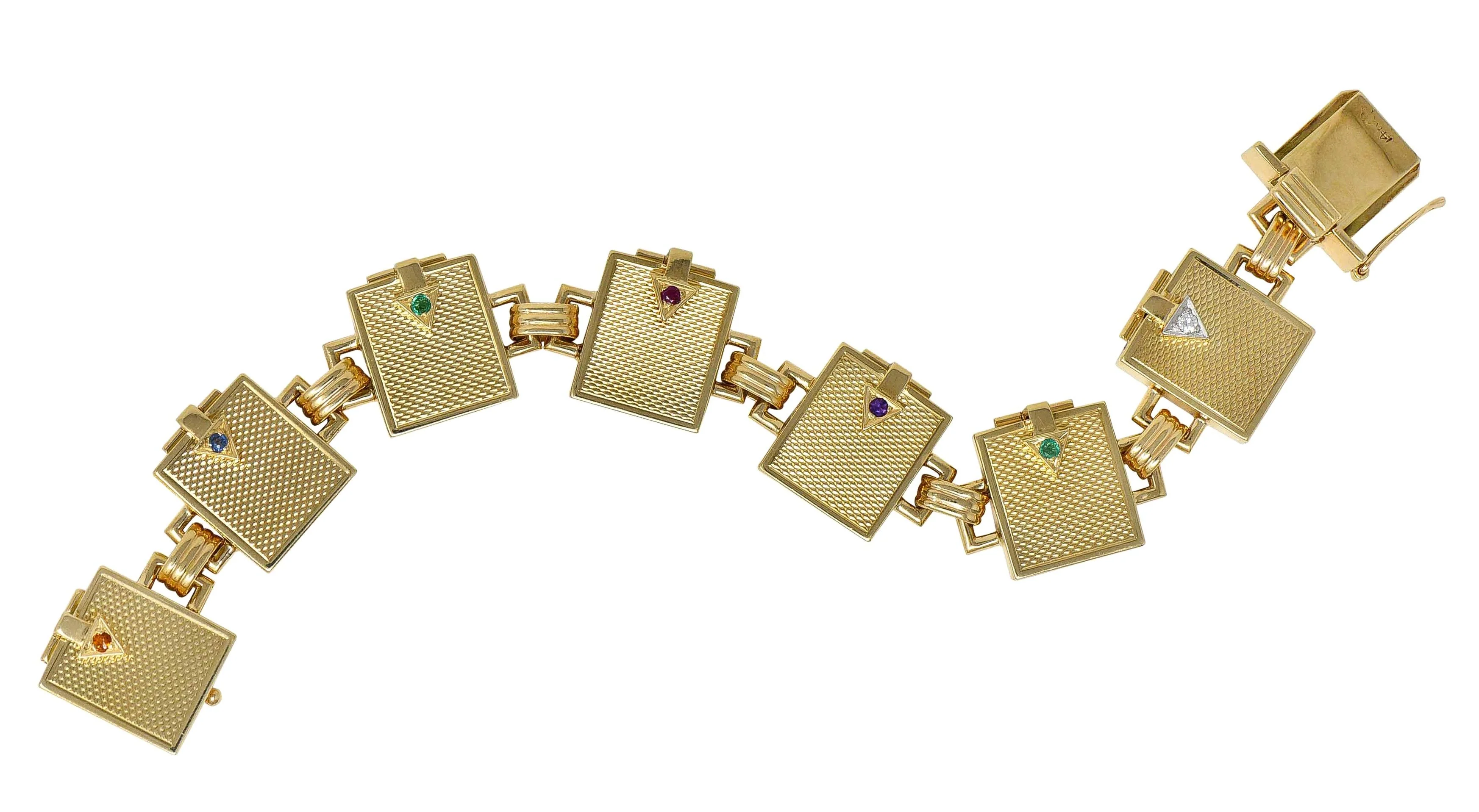 Mid-Century Multi-Gem 14 Karat Yellow Gold Vintage Dearest Acrostic Compartment Bracelet - Image 11