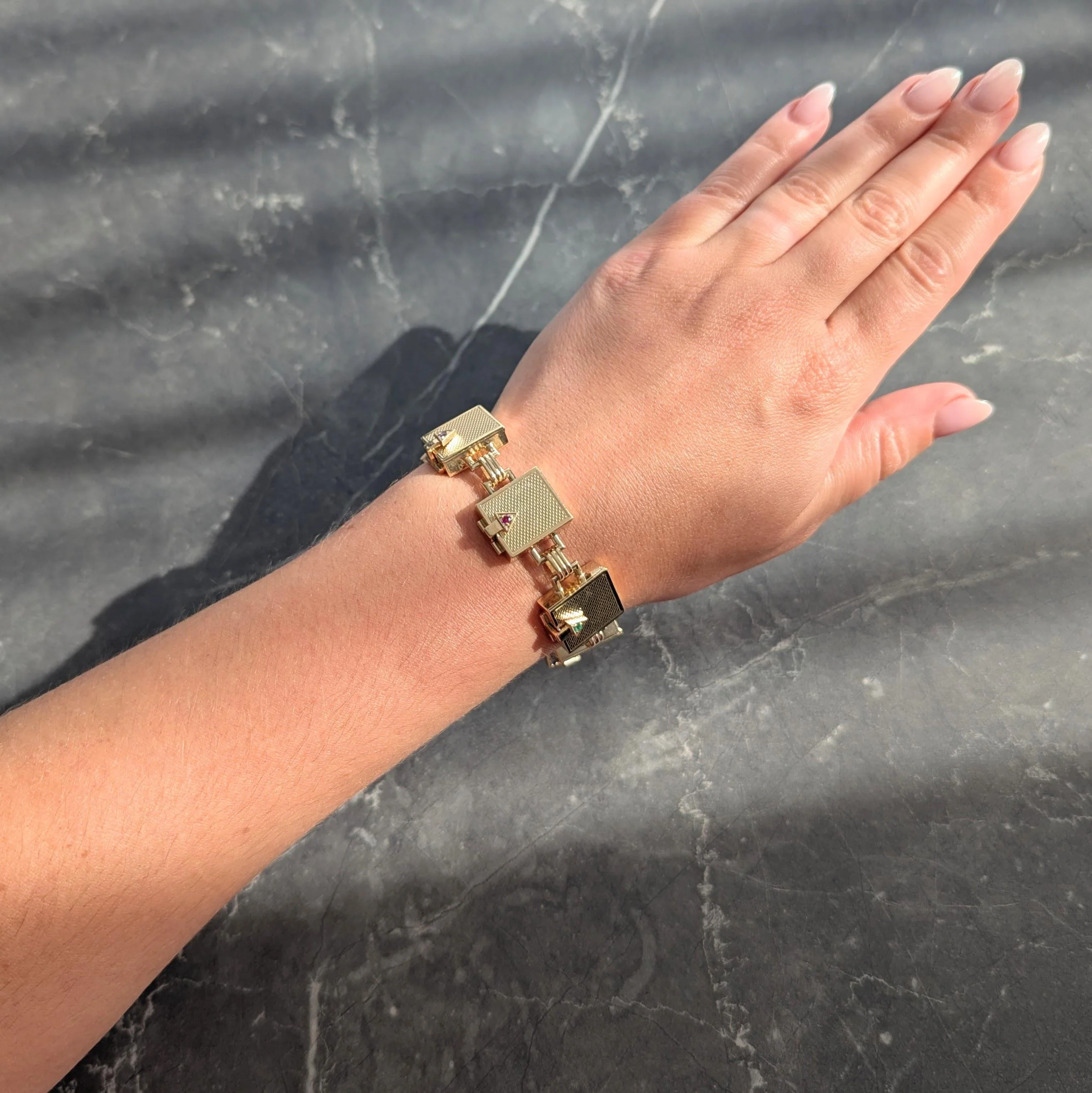 Mid-Century Multi-Gem 14 Karat Yellow Gold Vintage Dearest Acrostic Compartment Bracelet - Image 12