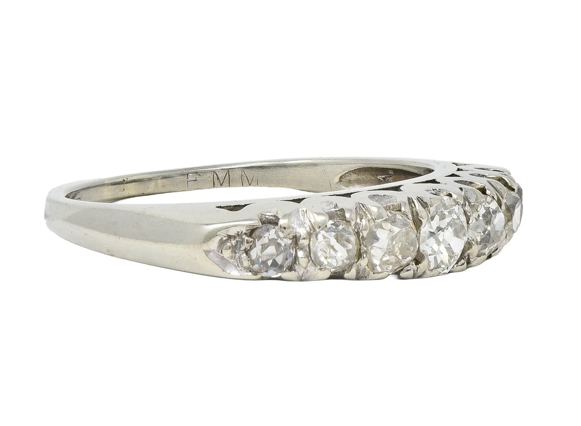Mid-Century Old Mine Cut Diamond 14 Karat White Gold Vintage Fishtail Band Ring - Image 2