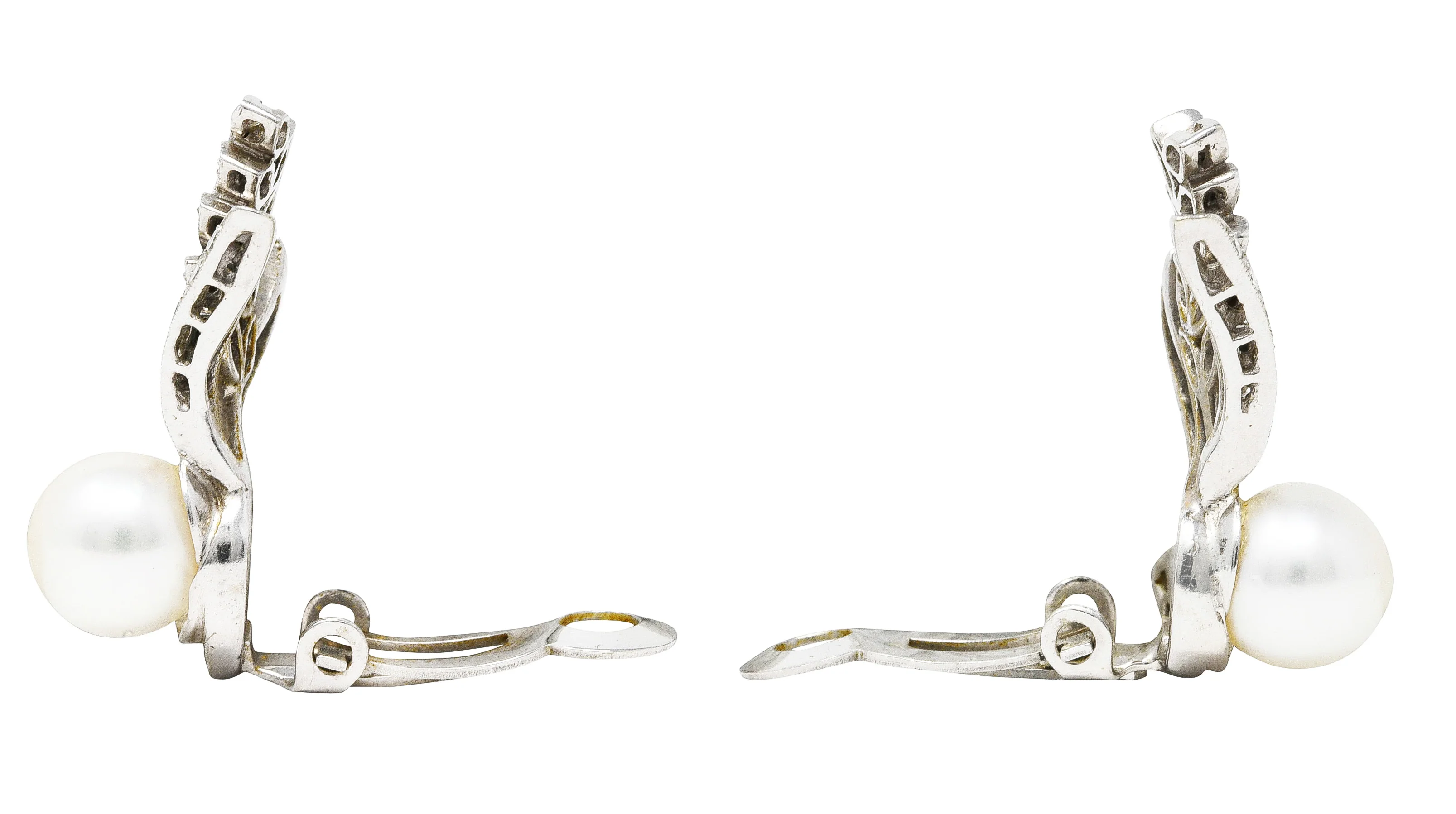 Mid-Century Pearl Diamond 14 Karat White Gold Foliate Ear-Clip Earrings - Image 4