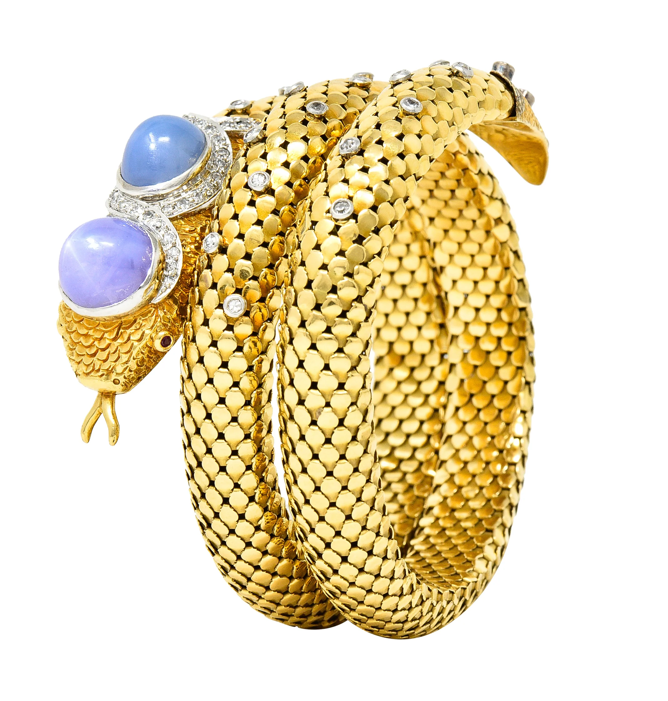 Mid-Century Star Sapphire Ruby Diamond Platinum 14 Karat Yellow Gold Snake Vintage Wrap Bracelet
