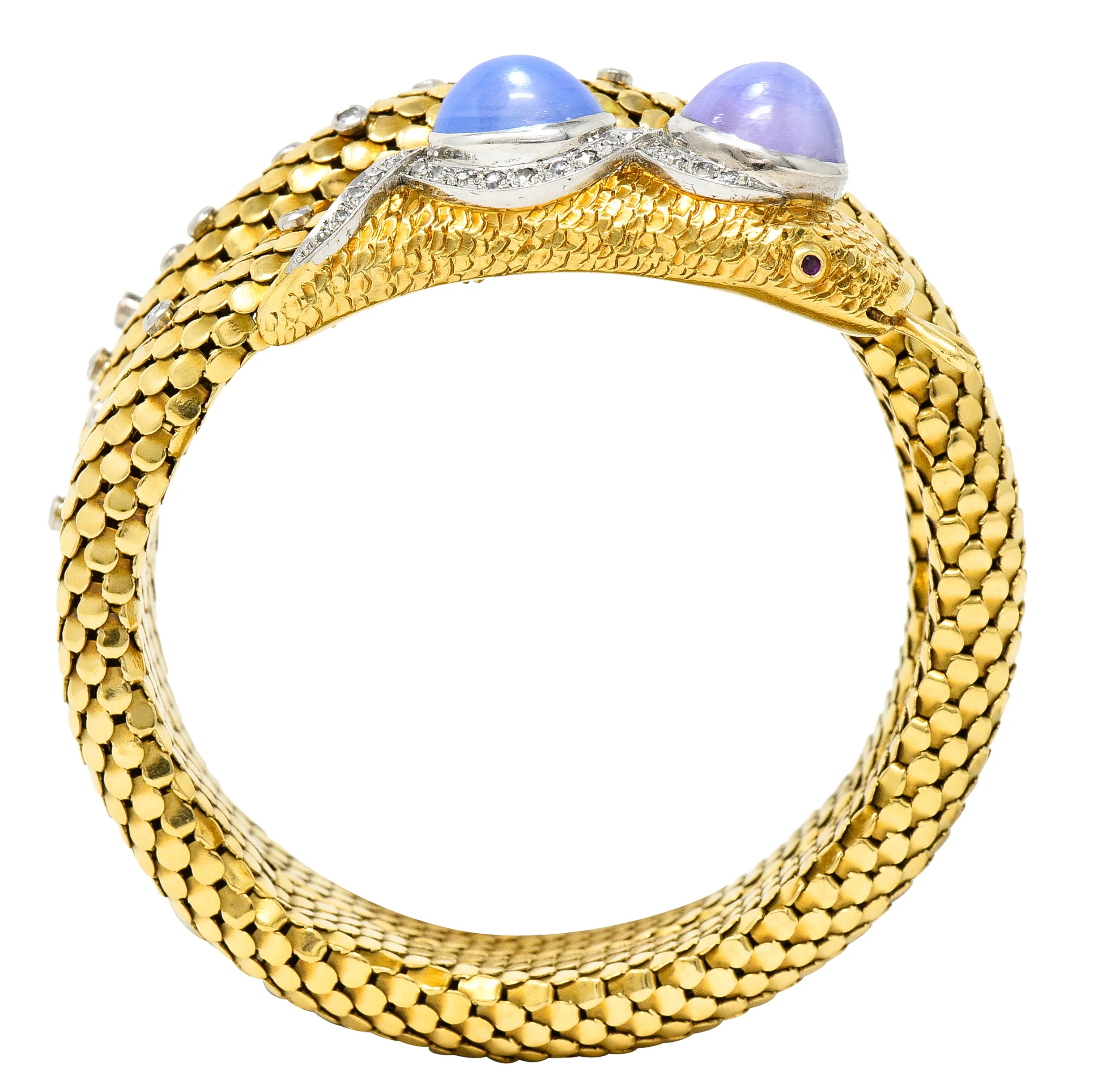 Mid-Century Star Sapphire Ruby Diamond Platinum 14 Karat Yellow Gold Snake Vintage Wrap Bracelet - Image 10