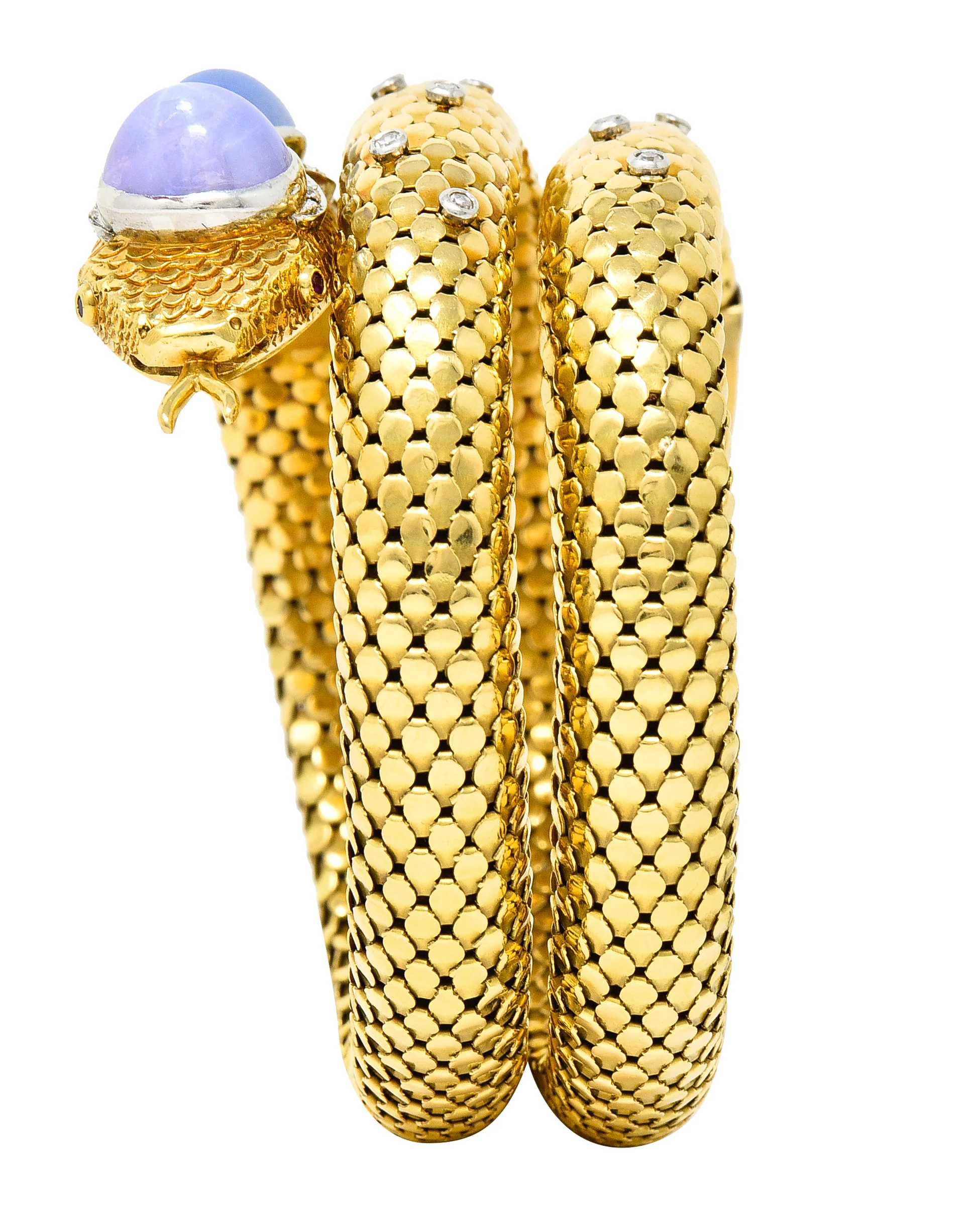 Mid-Century Star Sapphire Ruby Diamond Platinum 14 Karat Yellow Gold Snake Vintage Wrap Bracelet - Image 11
