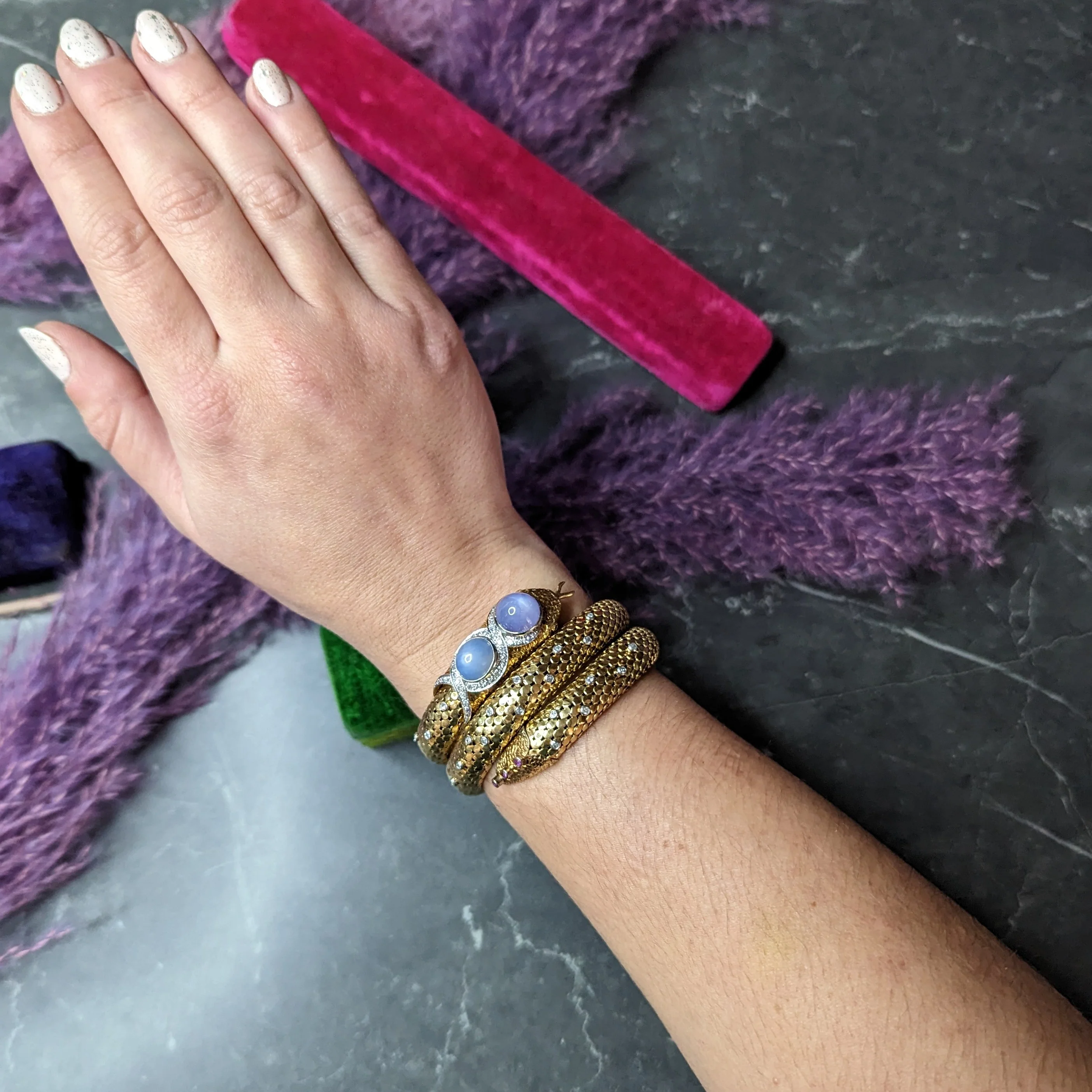 Mid-Century Star Sapphire Ruby Diamond Platinum 14 Karat Yellow Gold Snake Vintage Wrap Bracelet - Image 13