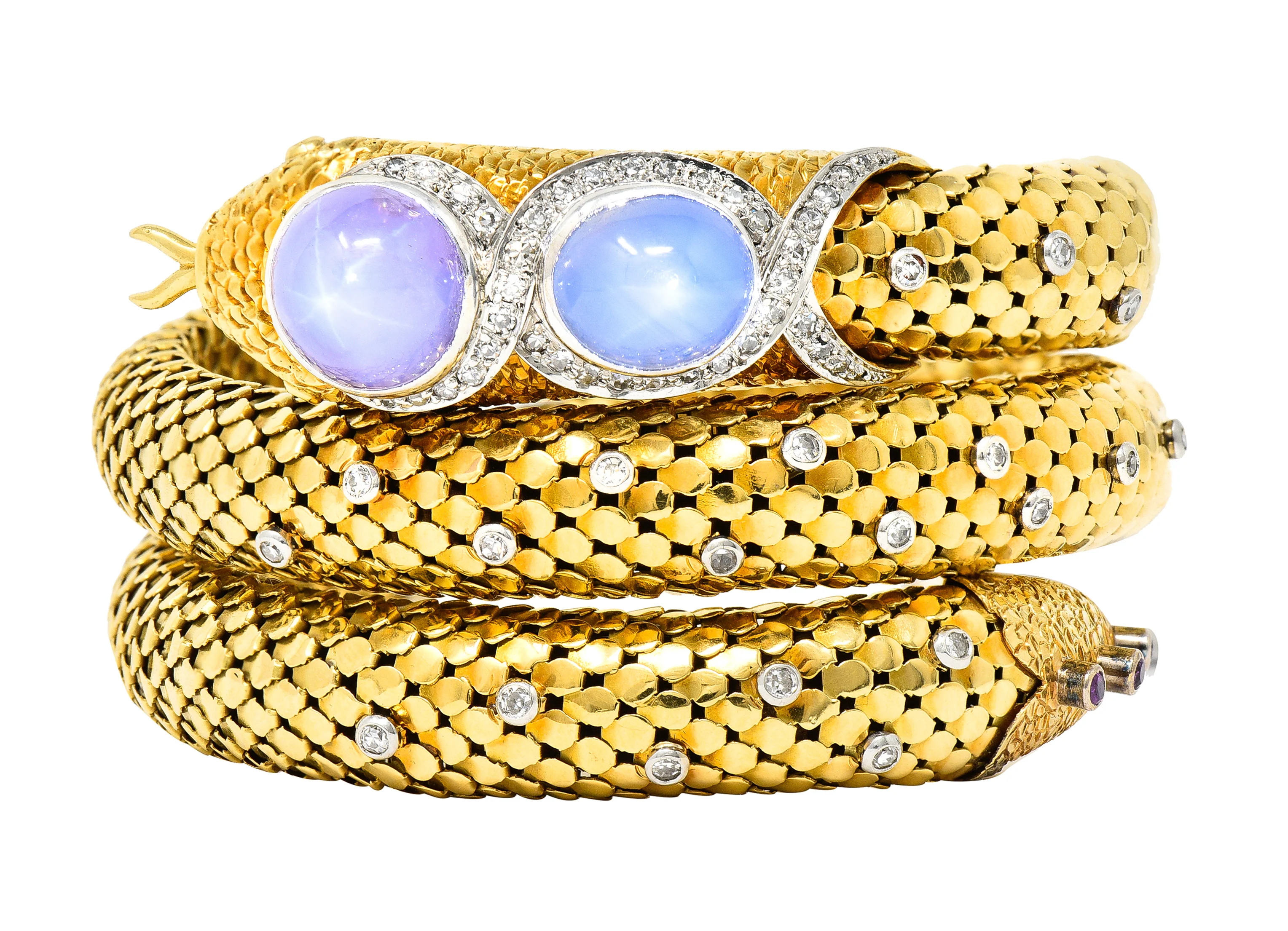 Mid-Century Star Sapphire Ruby Diamond Platinum 14 Karat Yellow Gold Snake Vintage Wrap Bracelet - Image 3