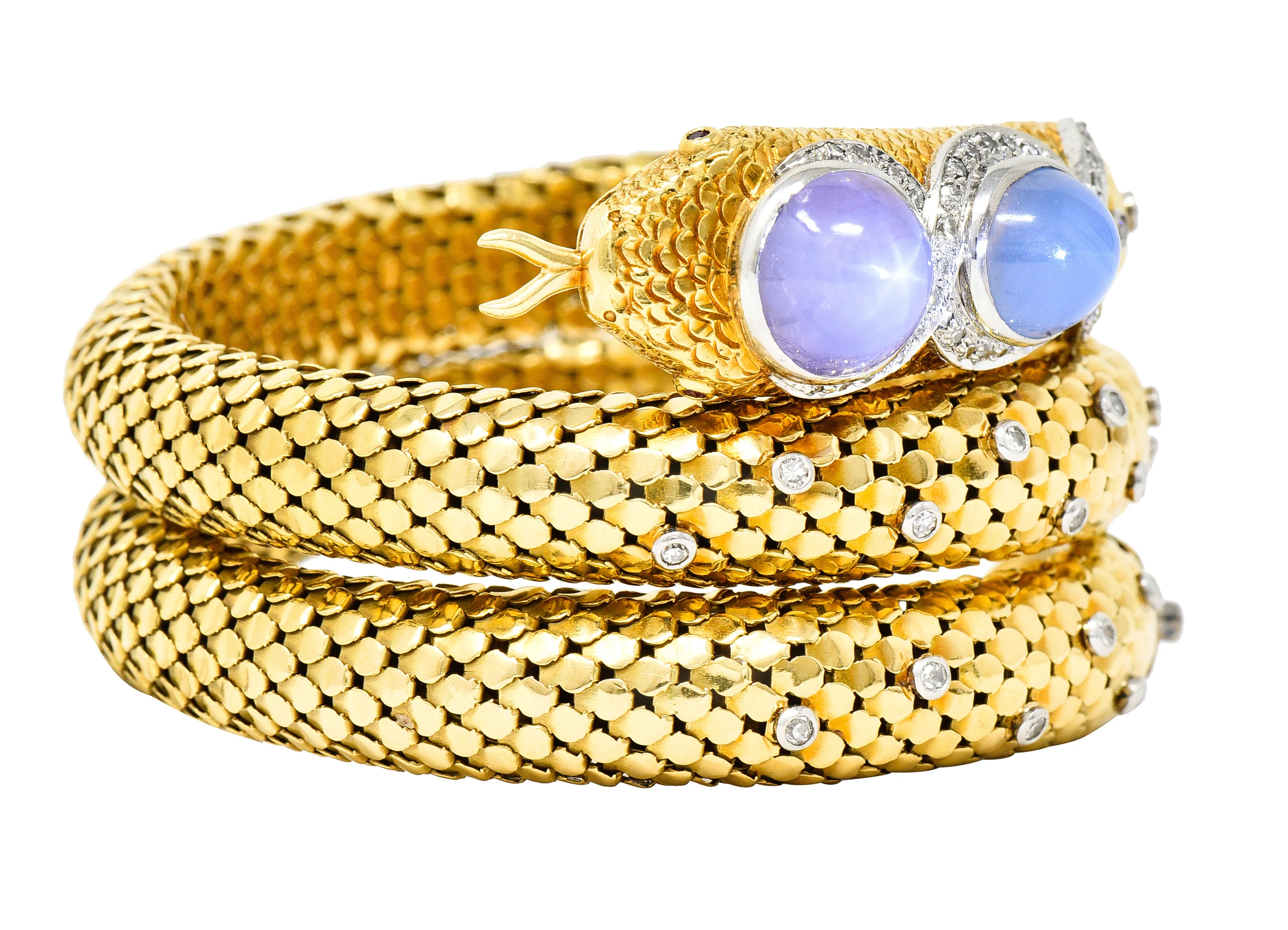 Mid-Century Star Sapphire Ruby Diamond Platinum 14 Karat Yellow Gold Snake Vintage Wrap Bracelet - Image 4