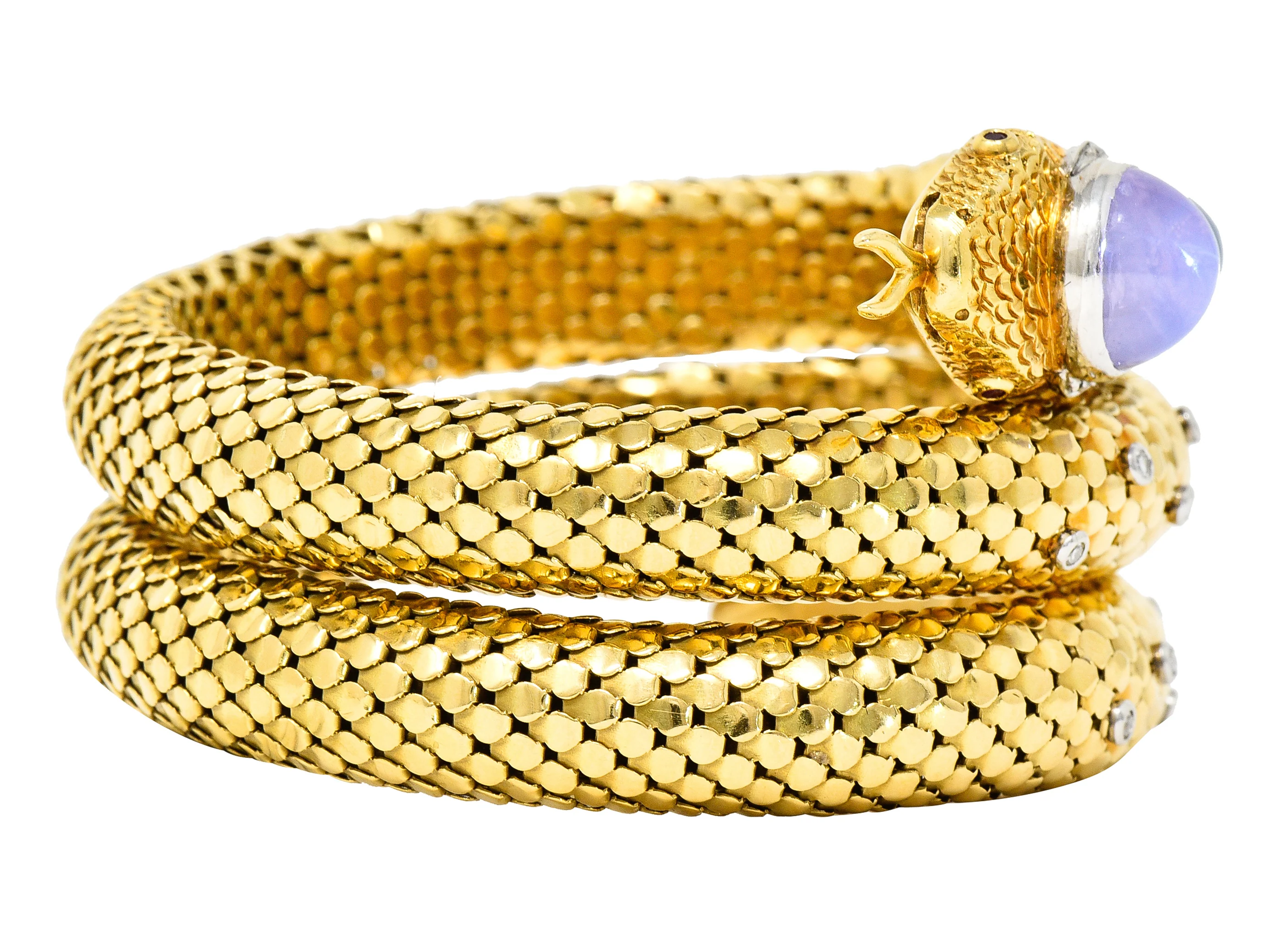 Mid-Century Star Sapphire Ruby Diamond Platinum 14 Karat Yellow Gold Snake Vintage Wrap Bracelet - Image 5