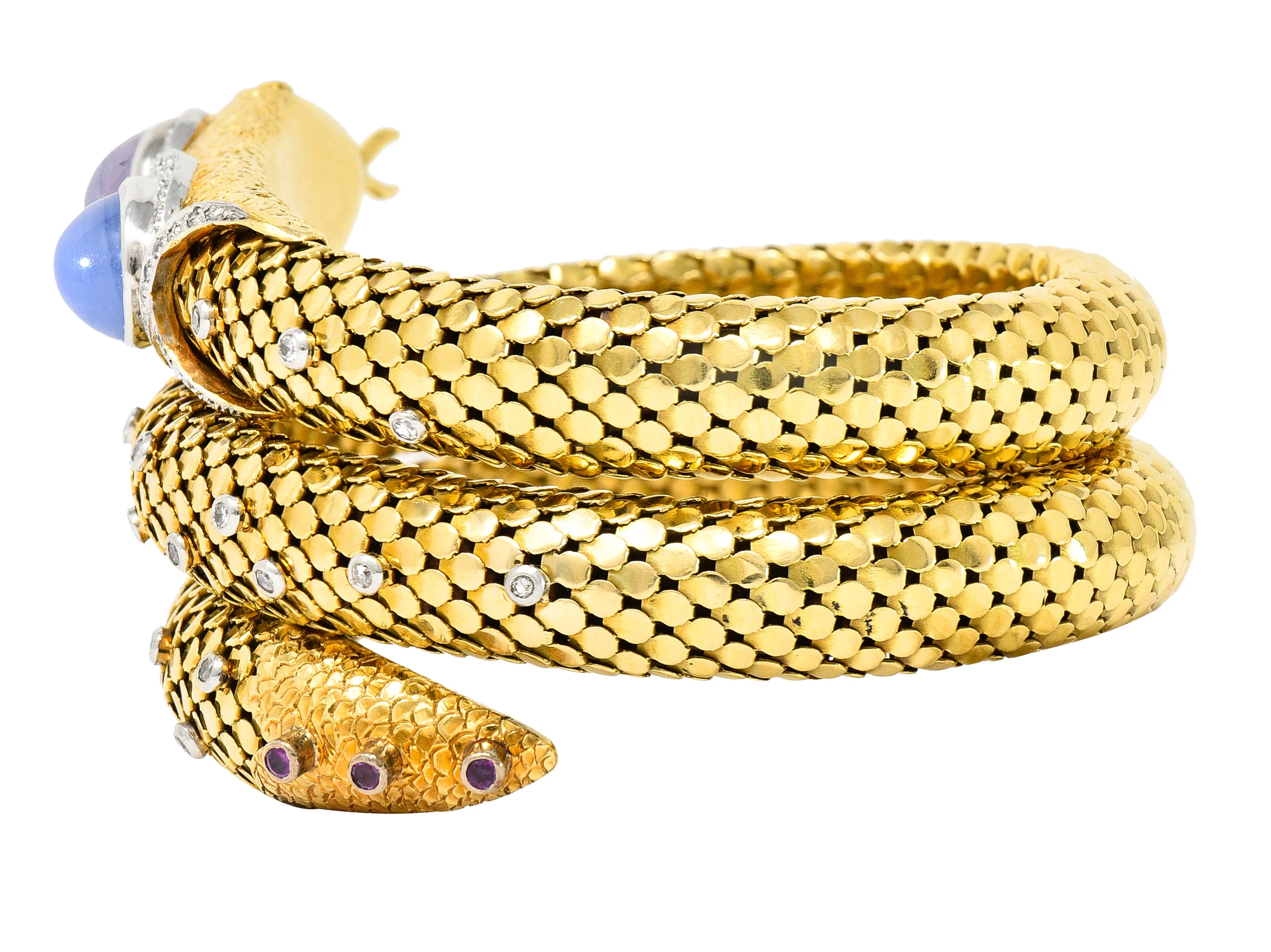 Mid-Century Star Sapphire Ruby Diamond Platinum 14 Karat Yellow Gold Snake Vintage Wrap Bracelet - Image 7