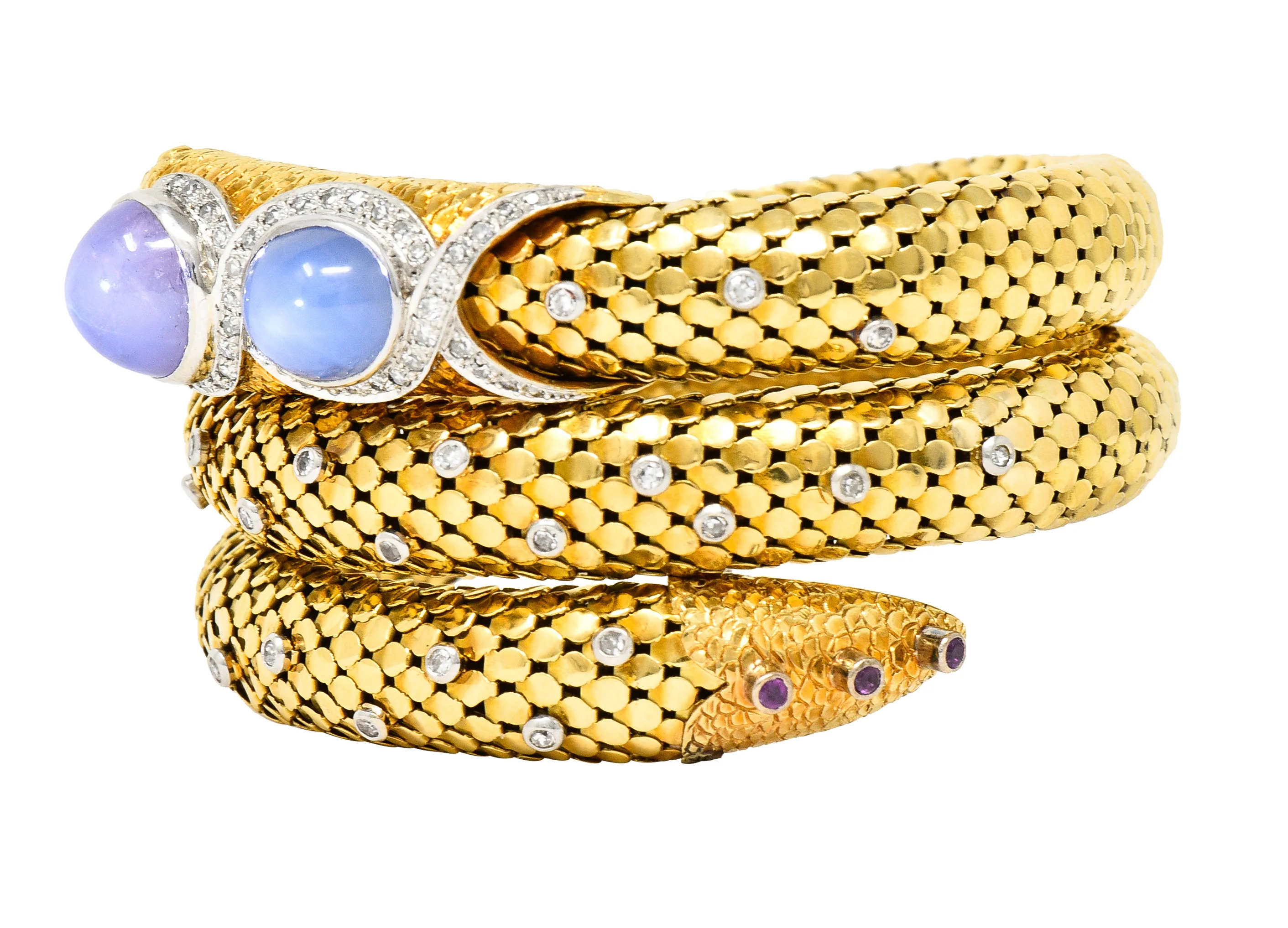 Mid-Century Star Sapphire Ruby Diamond Platinum 14 Karat Yellow Gold Snake Vintage Wrap Bracelet - Image 8