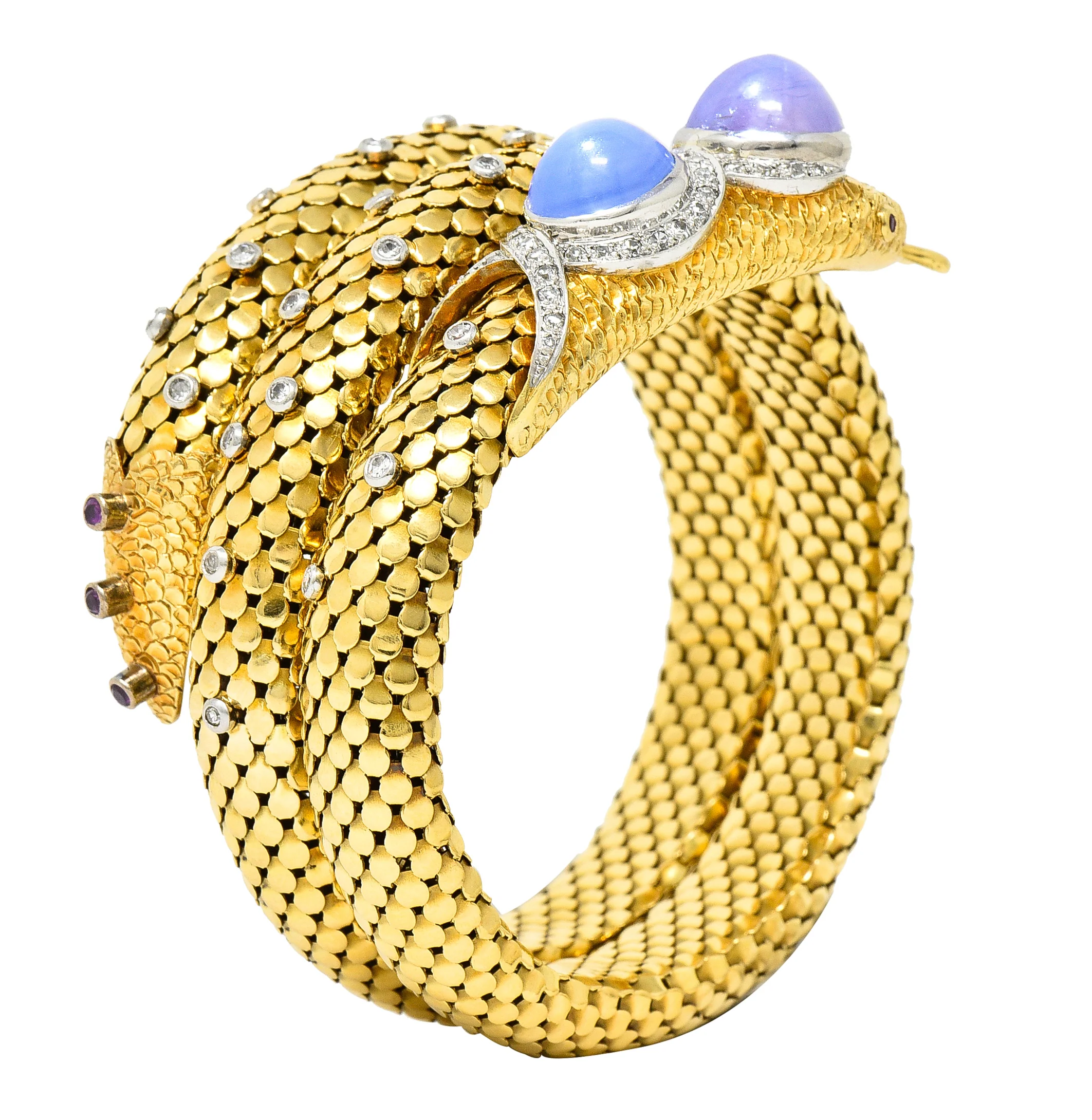 Mid-Century Star Sapphire Ruby Diamond Platinum 14 Karat Yellow Gold Snake Vintage Wrap Bracelet - Image 9