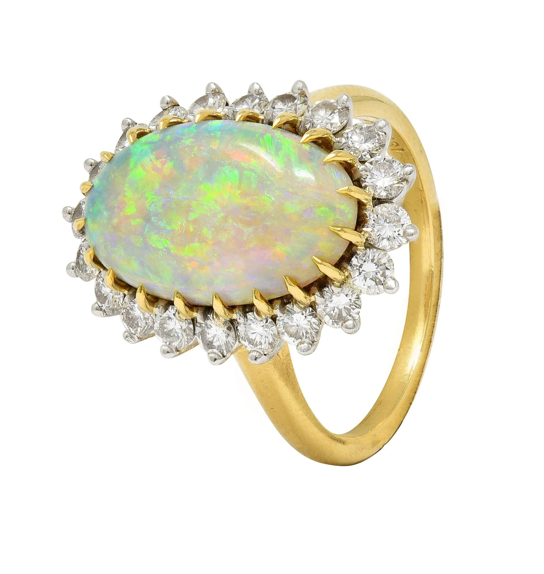 Mid-Century Vintage Opal Diamond Platinum 18 Karat Yellow Gold Halo Ring - Image 13