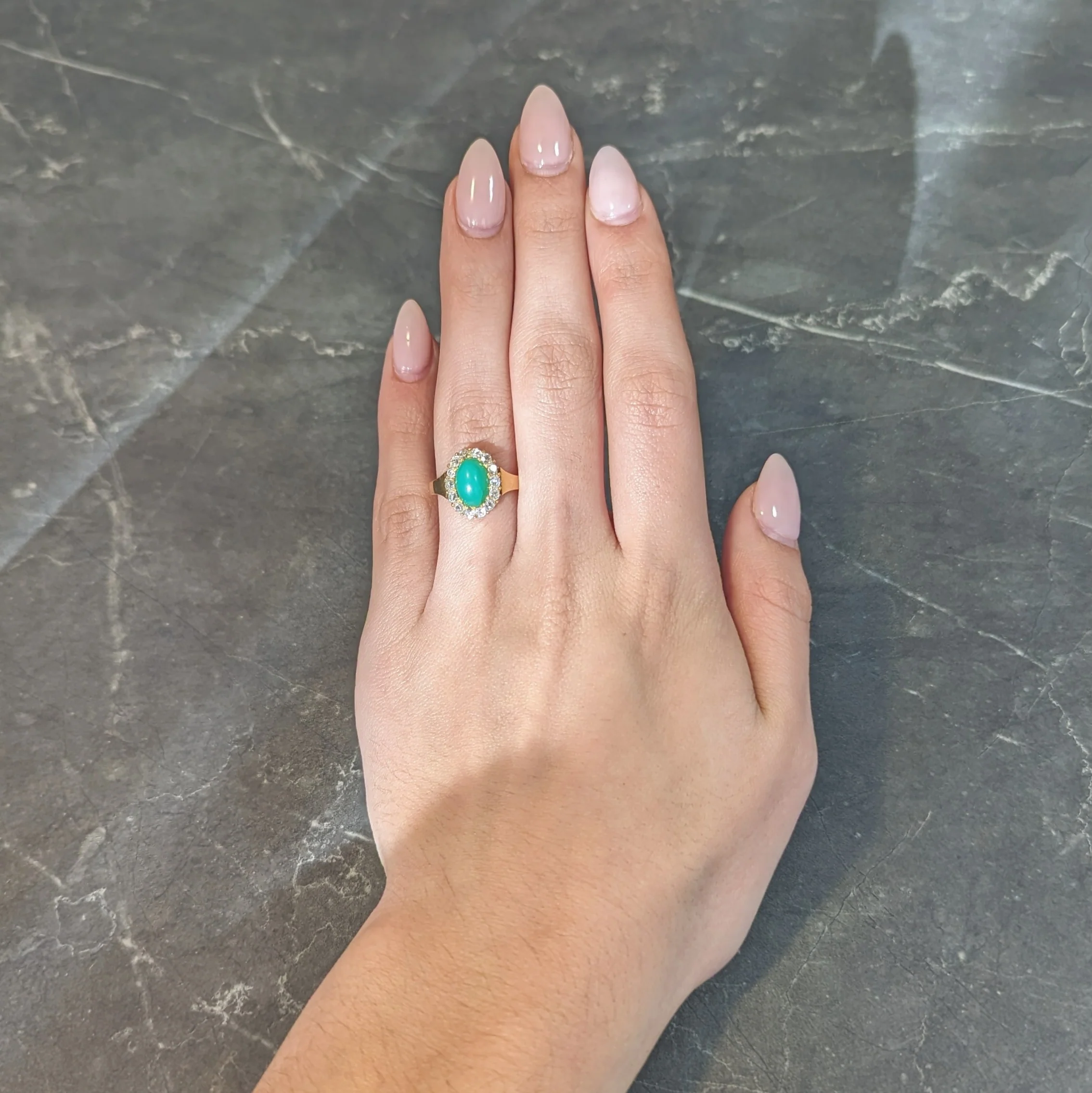 Modernist Chrysoprase Diamond 18 Karat Yellow Gold Vintage Halo Ring - Image 14
