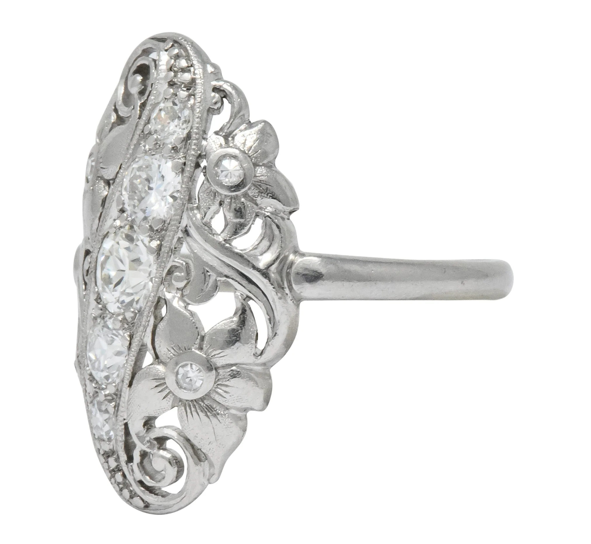Ornate Edwardian 0.80 CTW Diamond Platinum Floral Dinner Ring Circa 1915 - Image 6