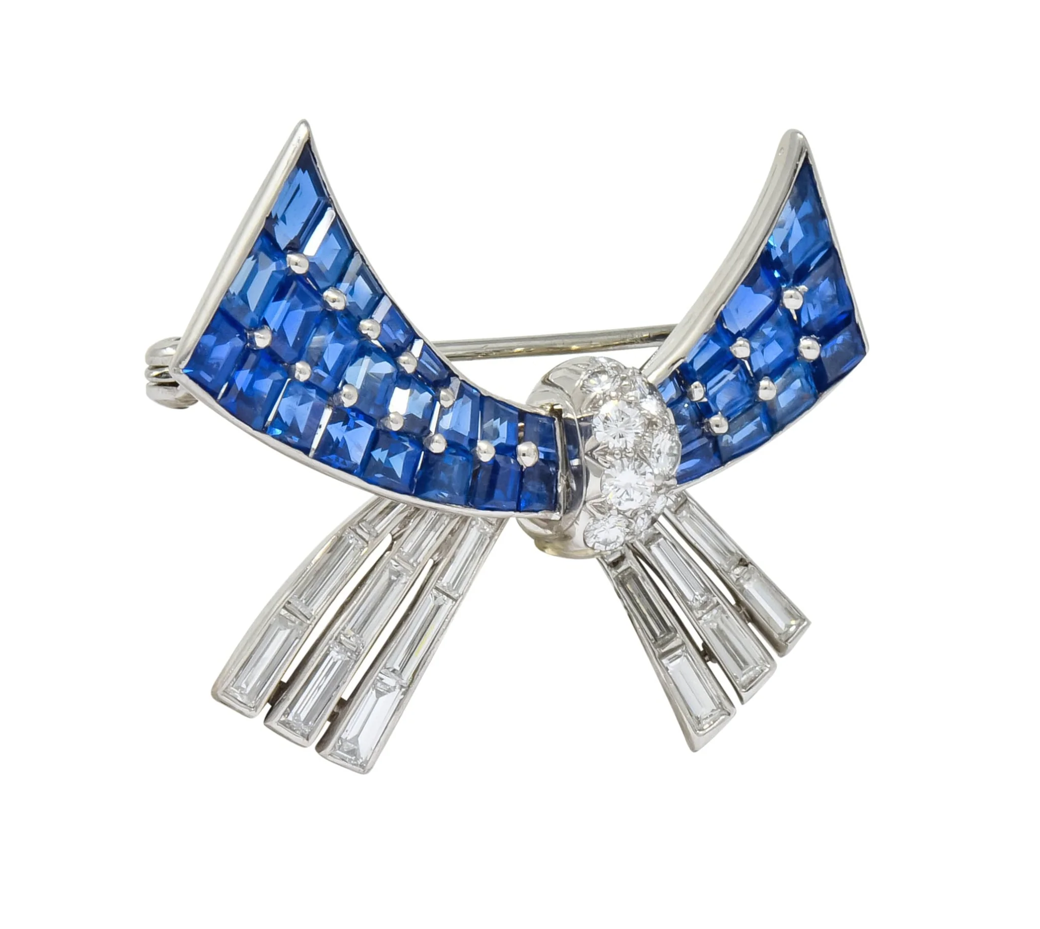 Oscar Heyman Retro 6.10 CTW Sapphire Diamond Platinum Bow Brooch - Image 3