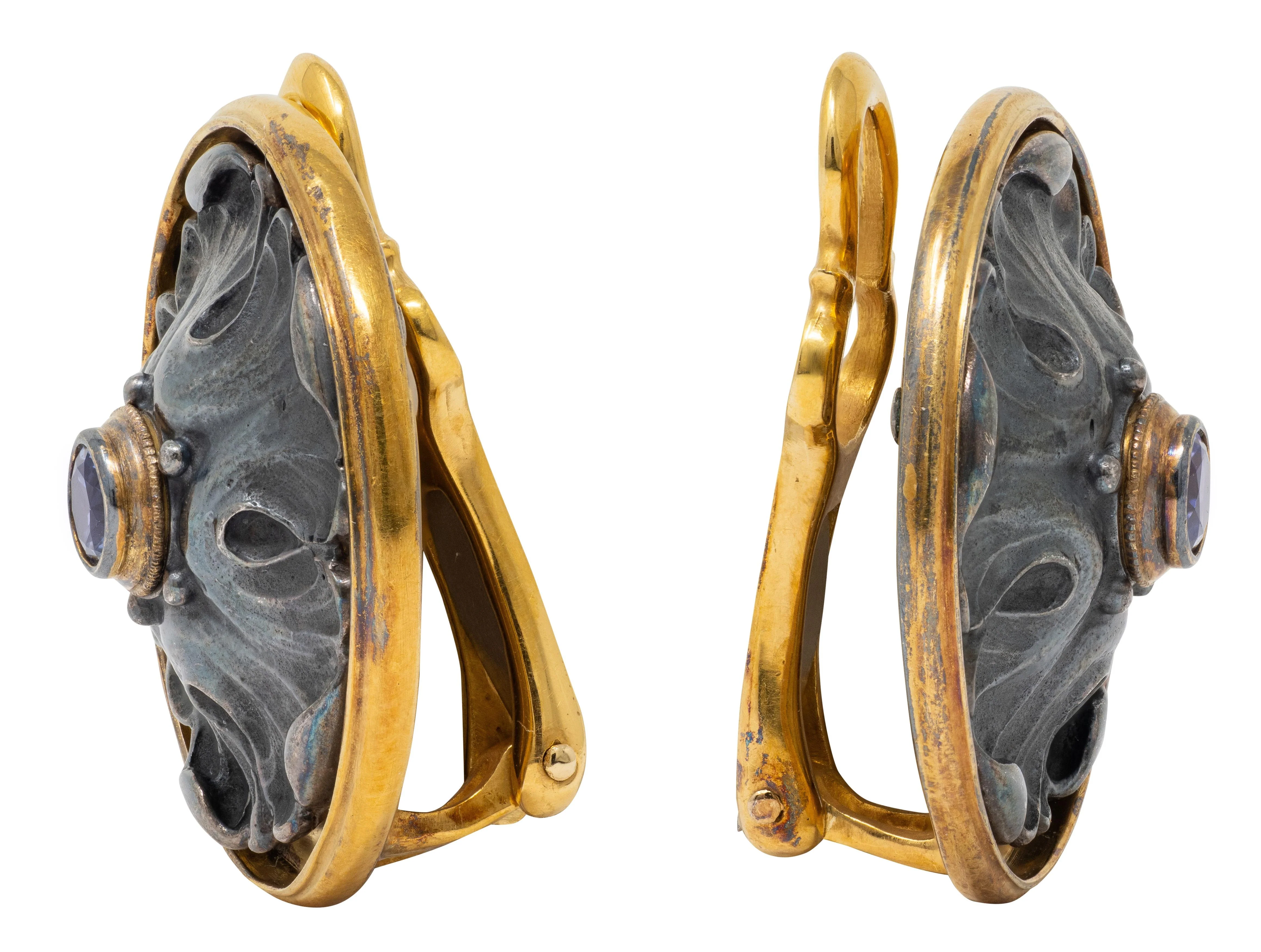 Paul Lantuch Neoclassical Revival Sapphire 18 Karat Yellow Gold Sterling Silver Leaf Earrings - Image 3
