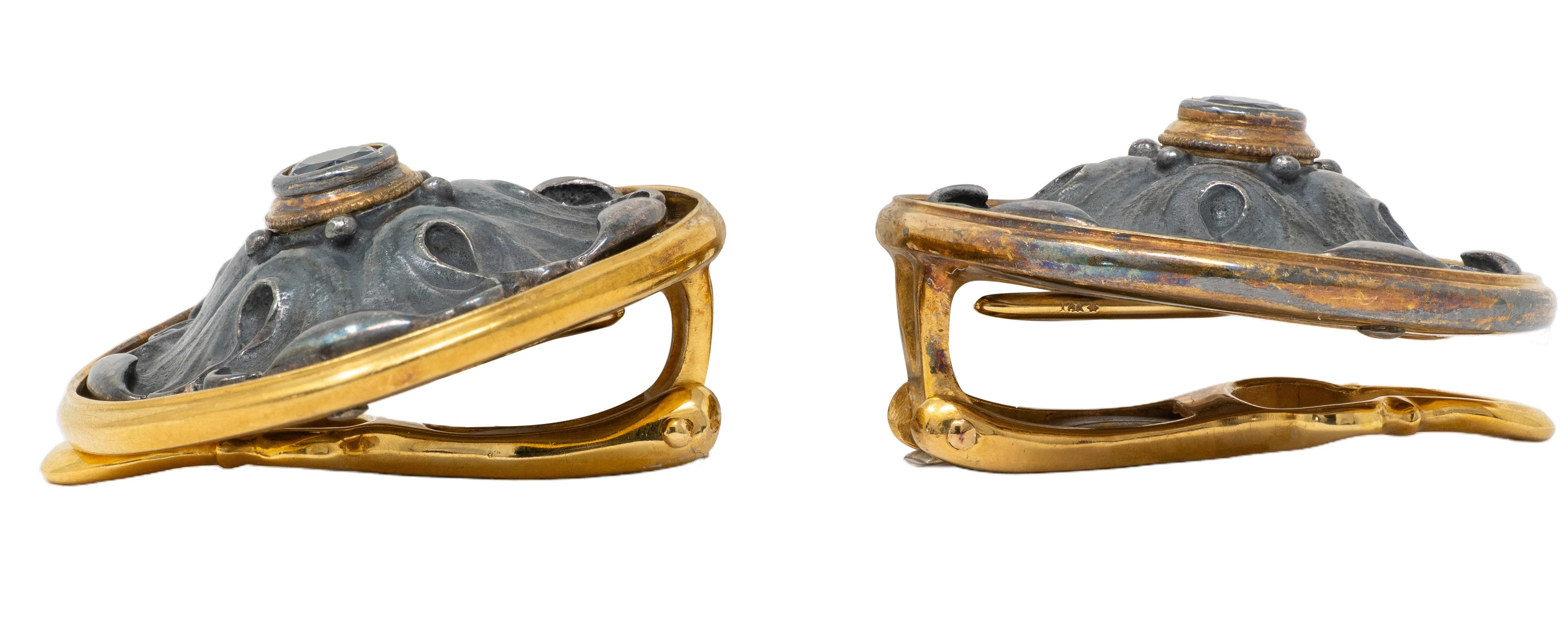 Paul Lantuch Neoclassical Revival Sapphire 18 Karat Yellow Gold Sterling Silver Leaf Earrings - Image 6
