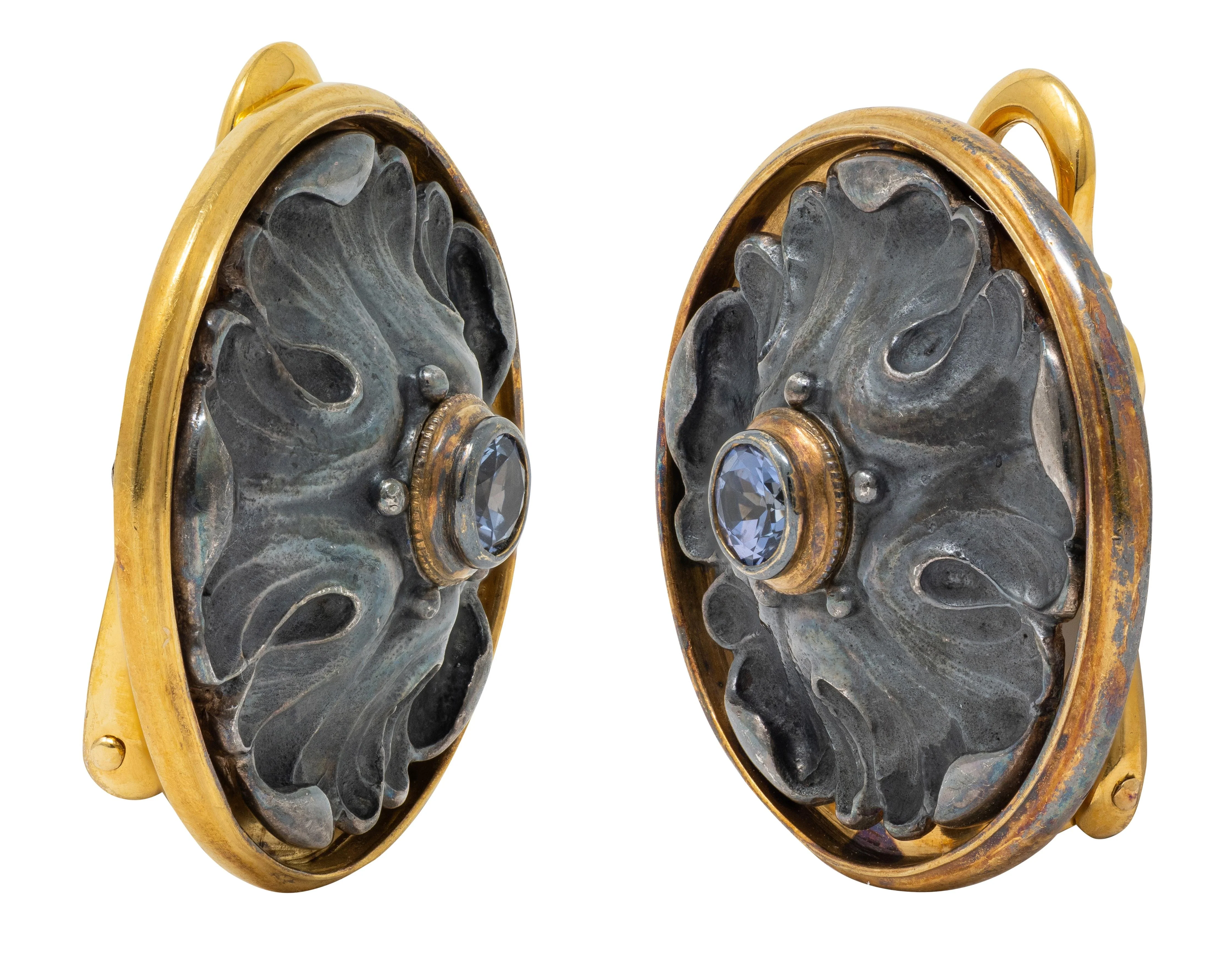 Paul Lantuch Neoclassical Revival Sapphire 18 Karat Yellow Gold Sterling Silver Leaf Earrings - Image 7