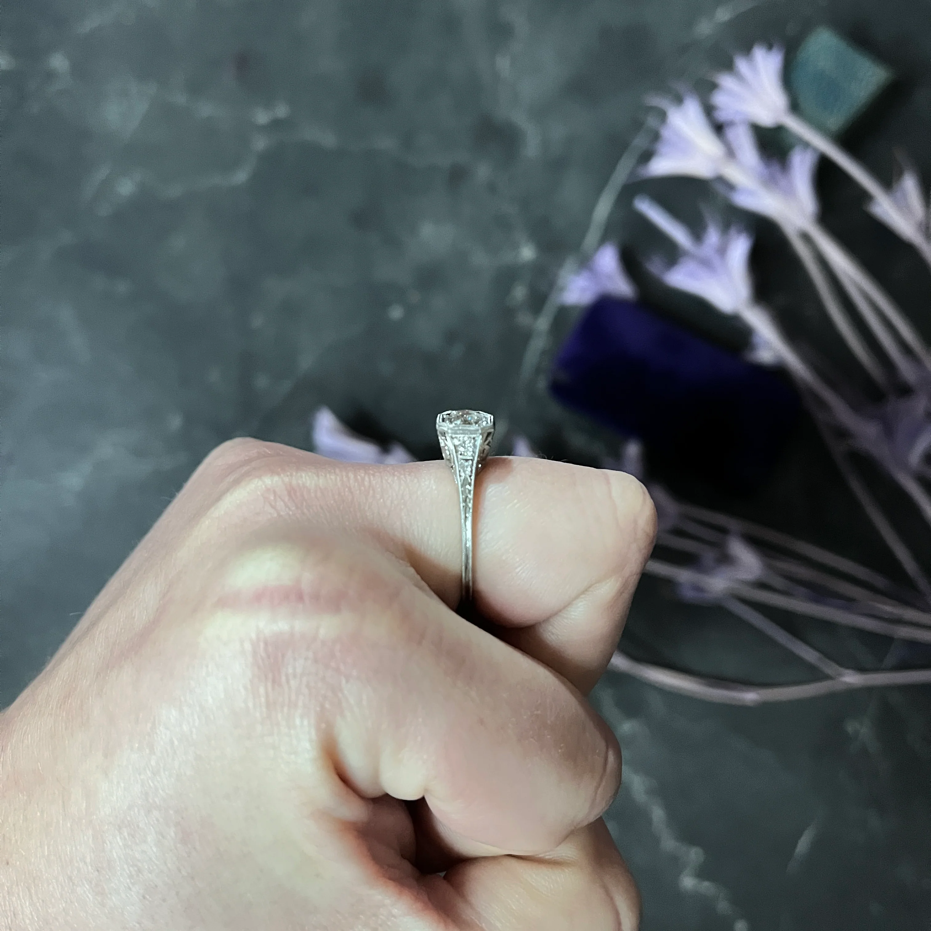 Peacock Art Deco 0.72 CTW Diamond Platinum Foliate Engagement Ring - Image 10