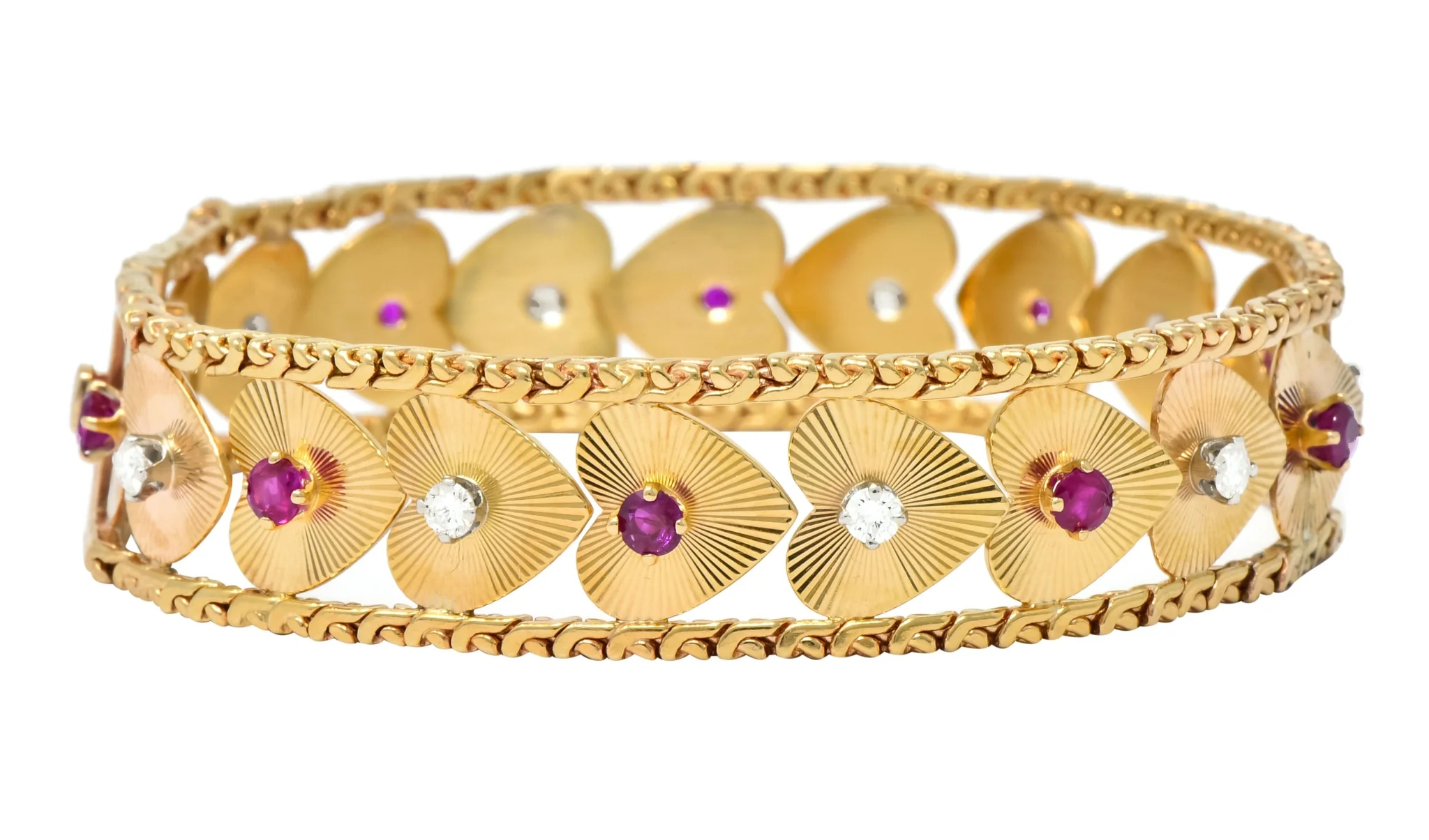 Retro 1.80 CTW Diamond Ruby 14 Karat Gold Heart Bracelet - Image 10
