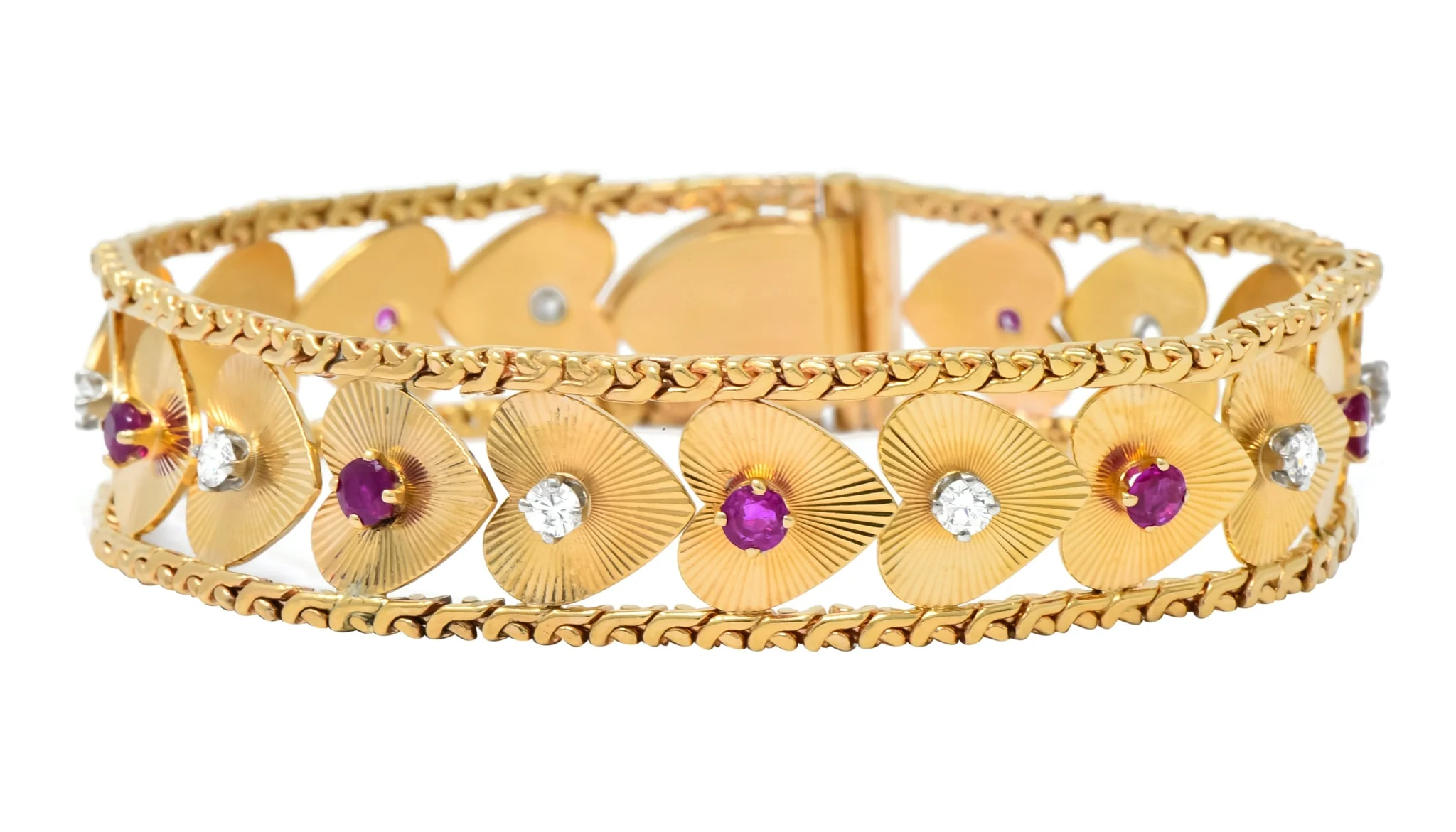 Retro 1.80 CTW Diamond Ruby 14 Karat Gold Heart Bracelet - Image 2