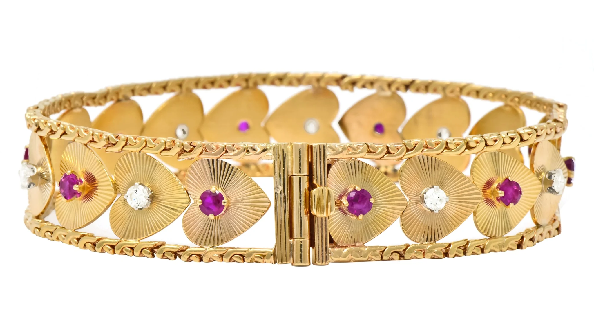 Retro 1.80 CTW Diamond Ruby 14 Karat Gold Heart Bracelet - Image 3