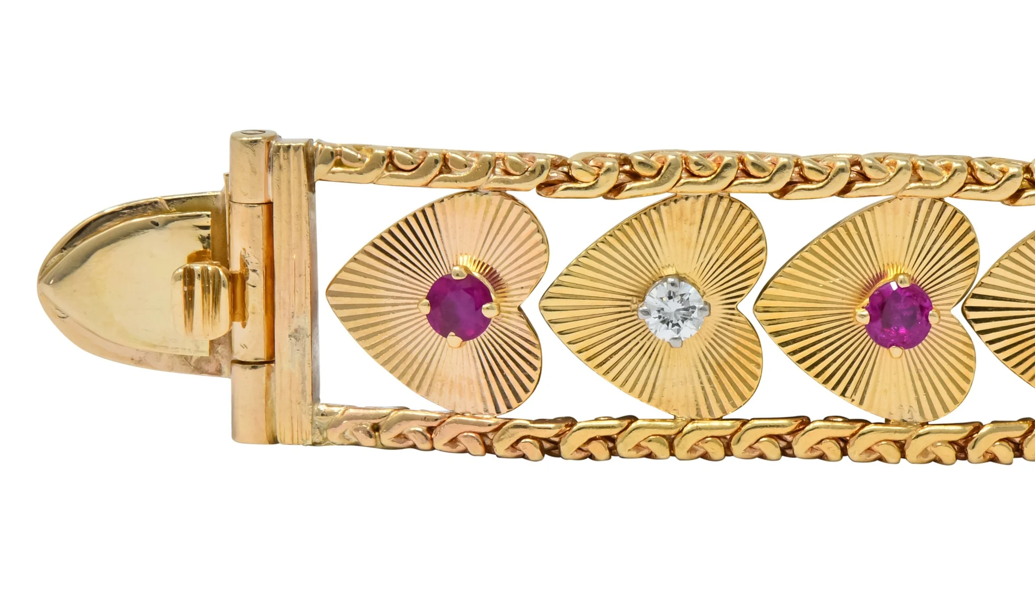 Retro 1.80 CTW Diamond Ruby 14 Karat Gold Heart Bracelet - Image 4