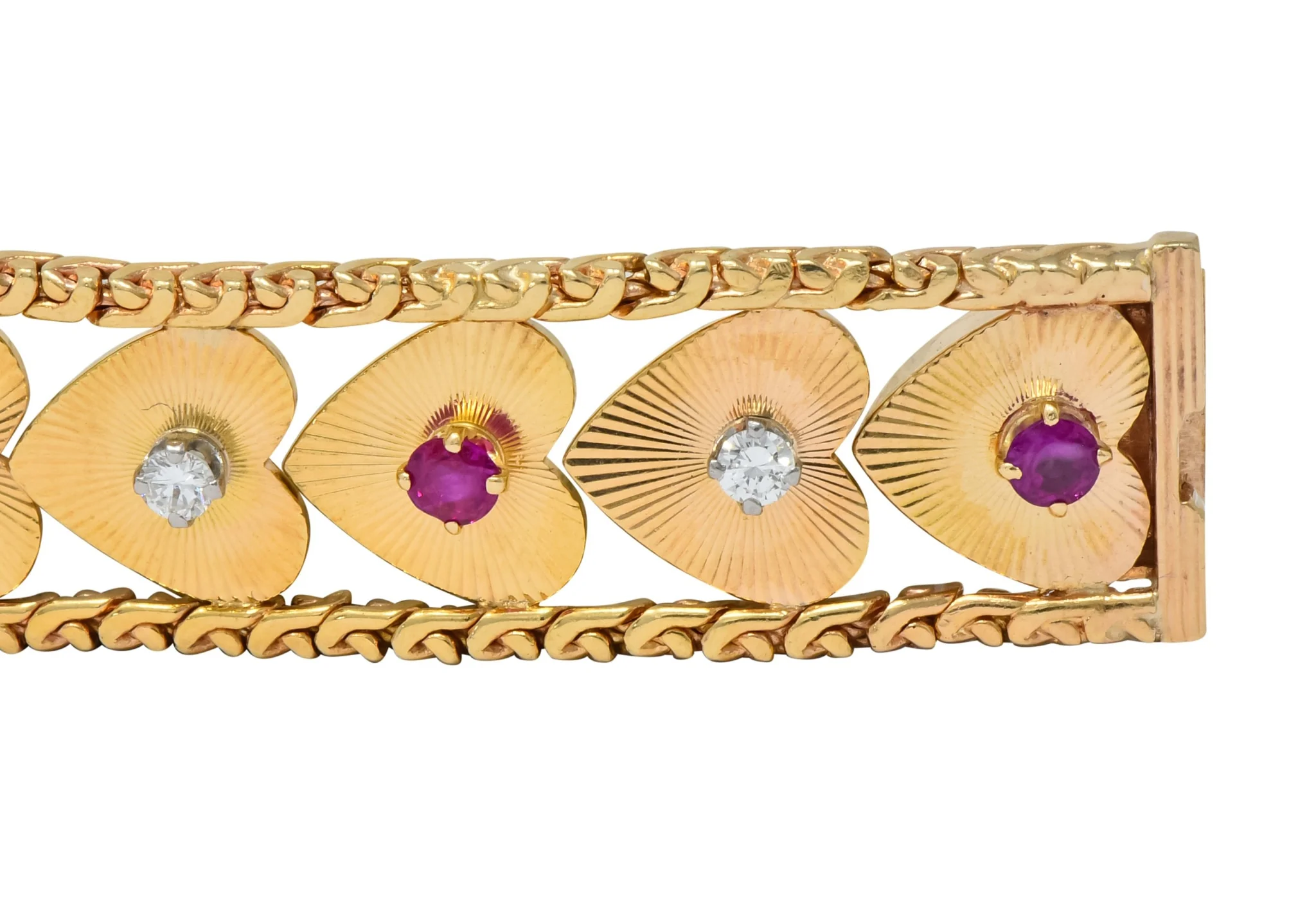 Retro 1.80 CTW Diamond Ruby 14 Karat Gold Heart Bracelet - Image 5